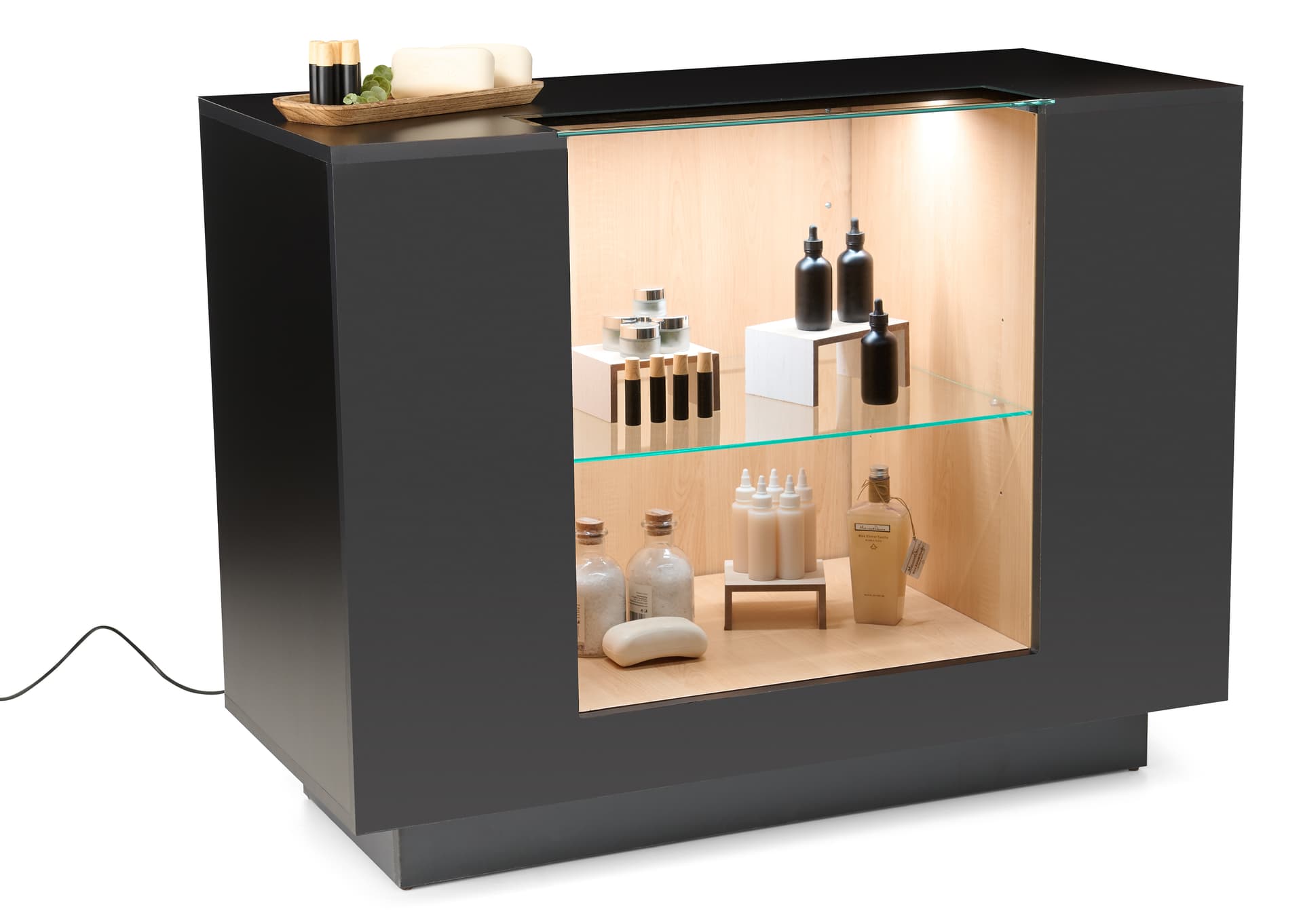 Two tone retail showcase with overall depth of 22 inches 