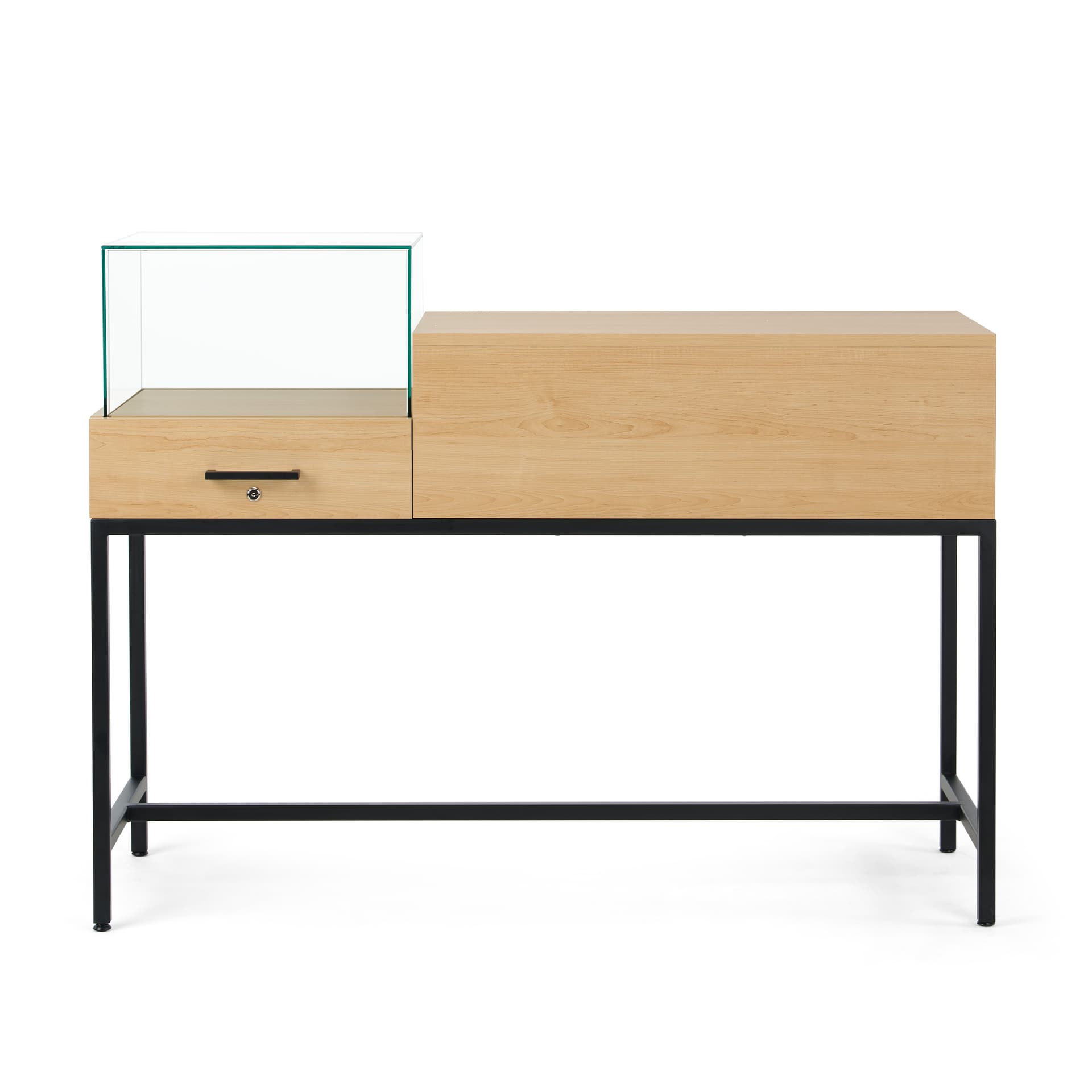Retail showcase display table with black handle