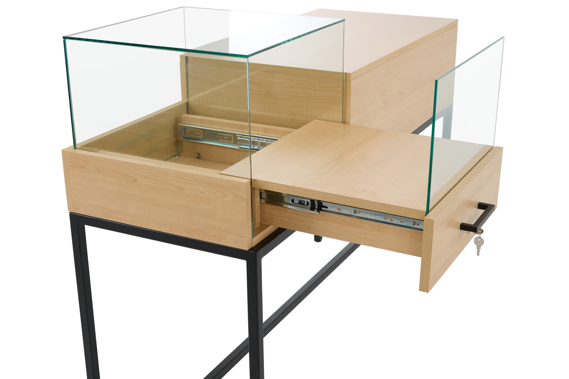 Retail showcase display table with easy glide drawer rail