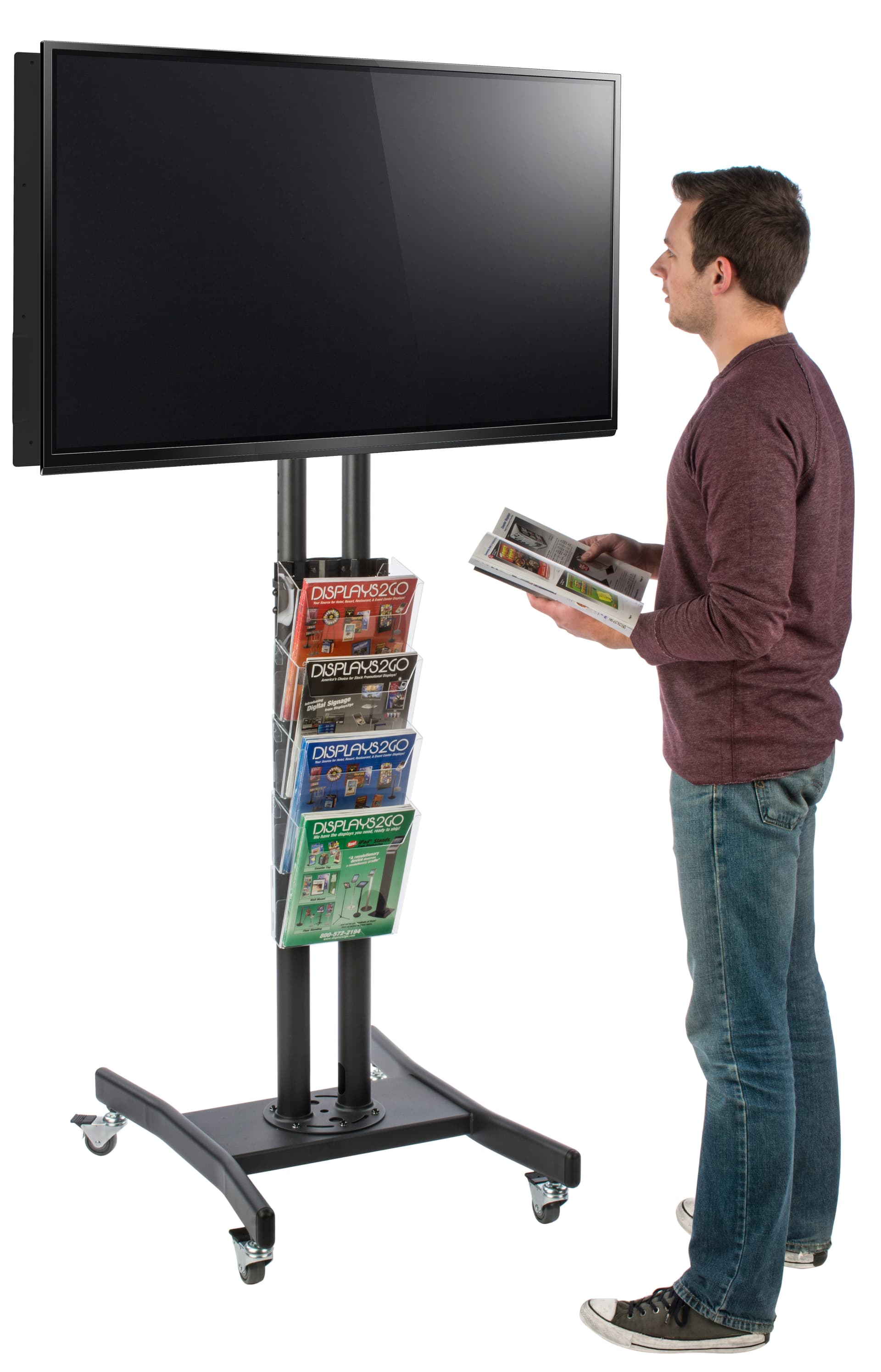 Modern Double Sided TV Stand with 4 Clear Literature Pockets