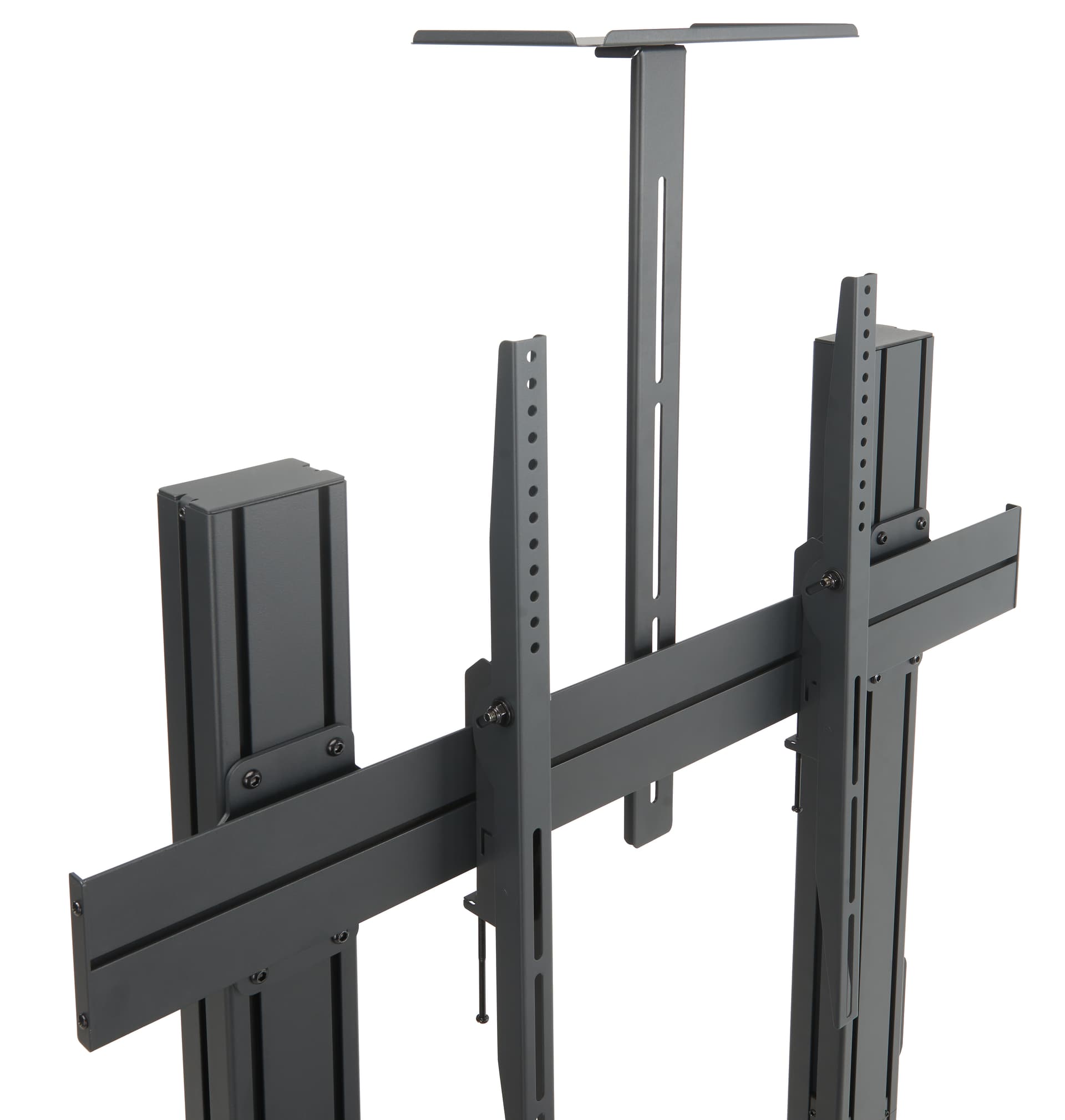 This mobile tv stand has a black tray to attach a camera