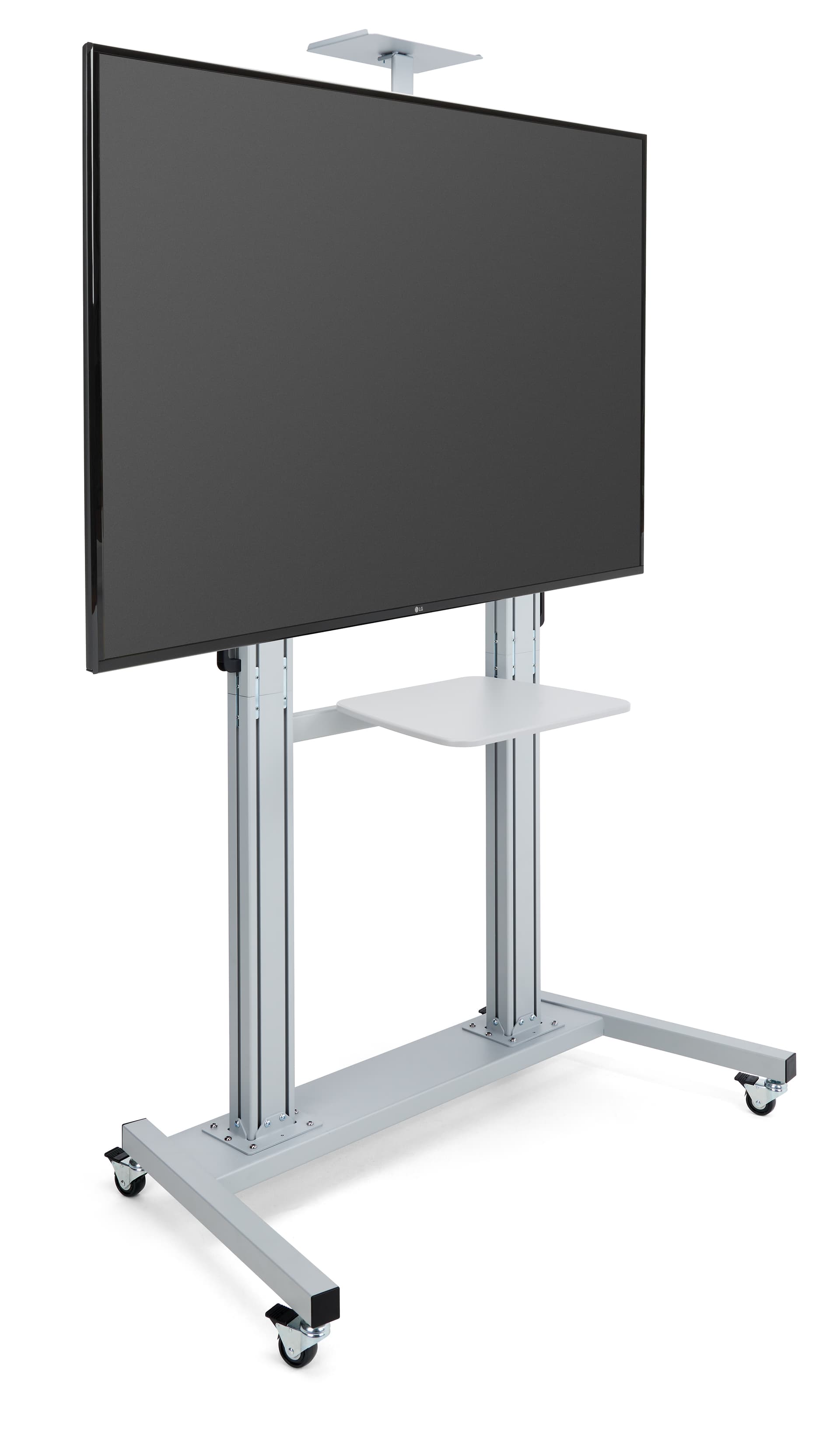 This mobile tv stand can hold one 60 inch to 100 inch monitor