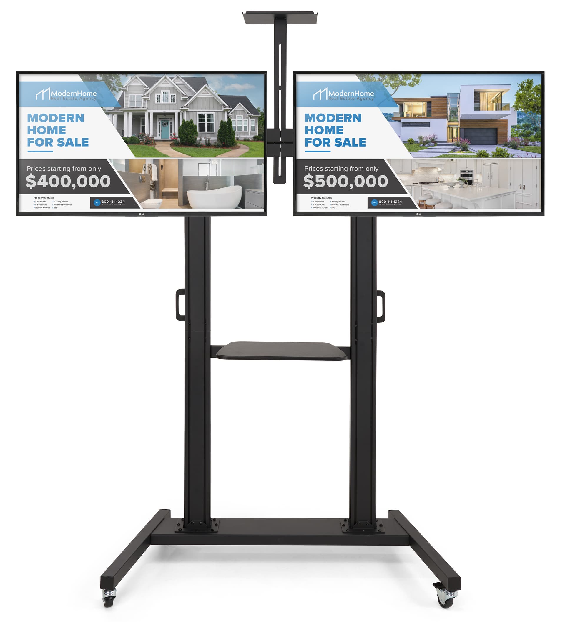 Double screen tv stand with an overall weight of 123 pounds