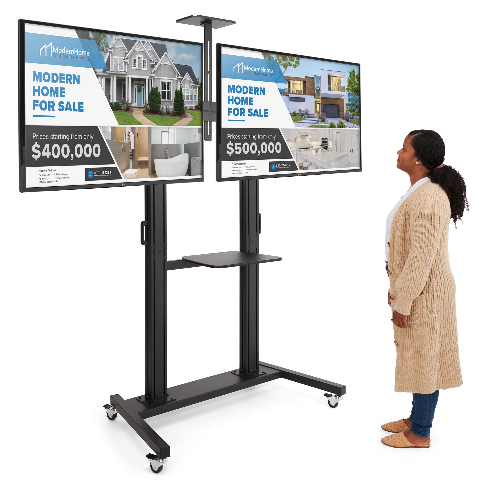 Double screen tv stand with a mounting hardware