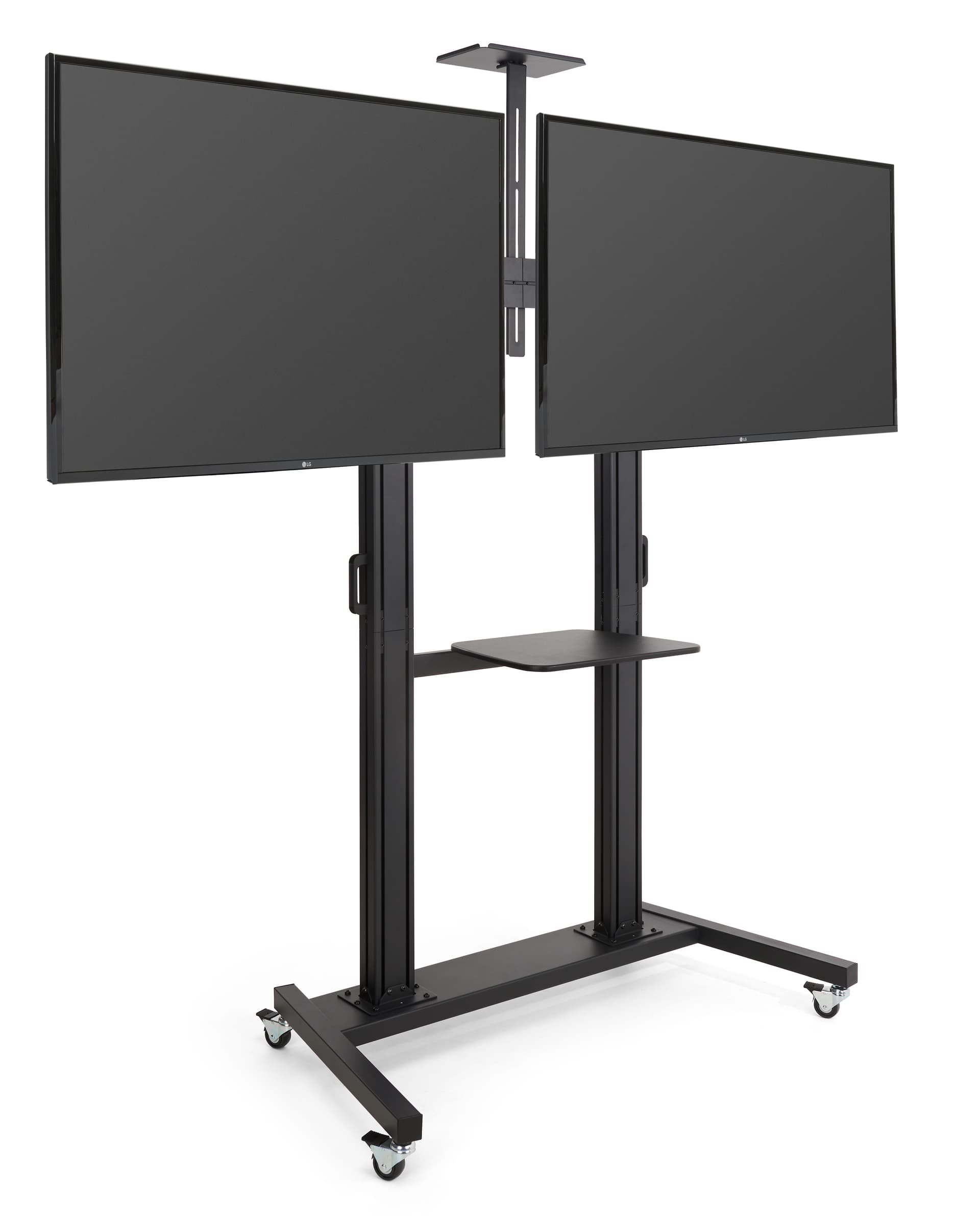 Double screen tv stand with a black powder coated finish