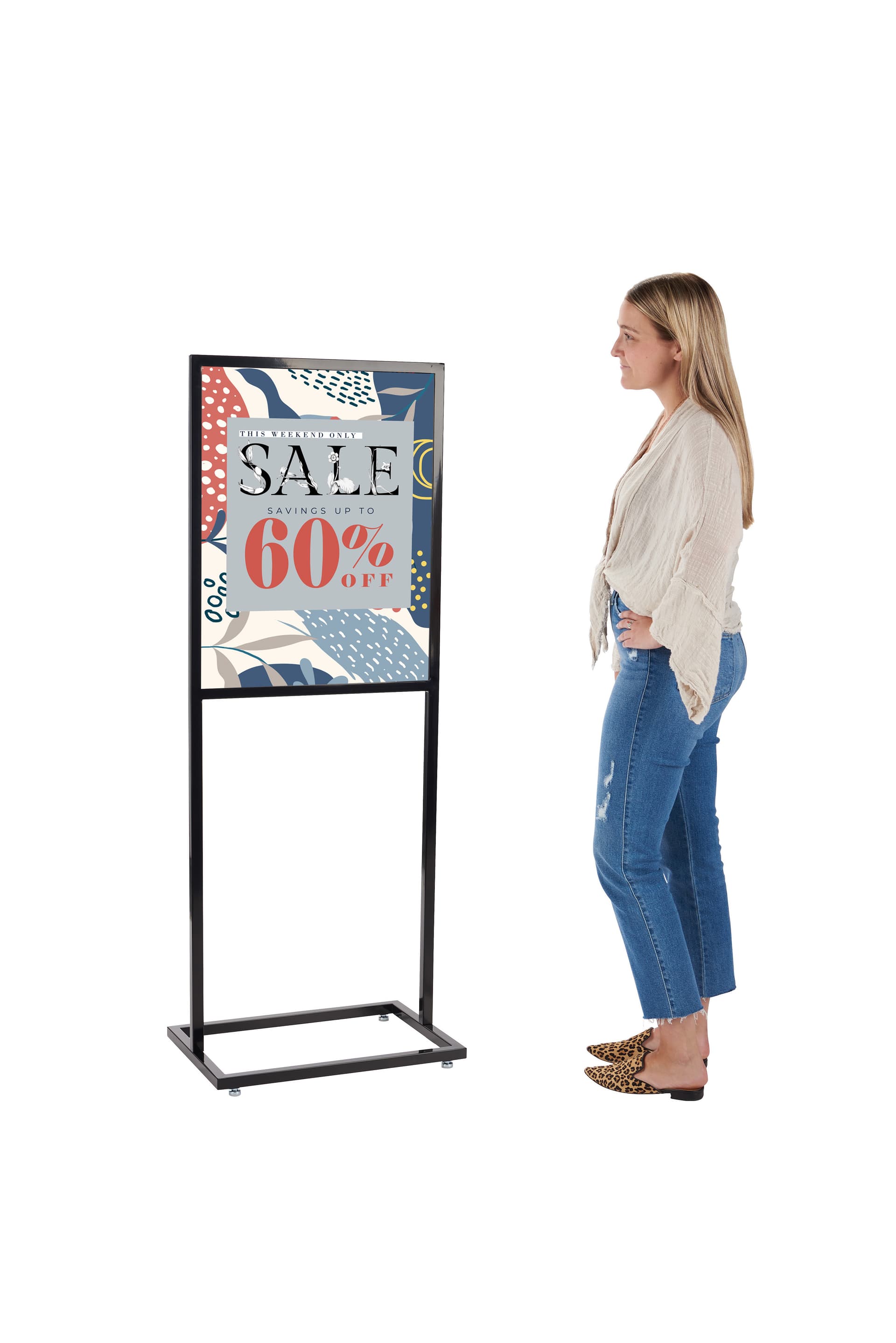 Sign frame with floor standing design and double sided viewing window