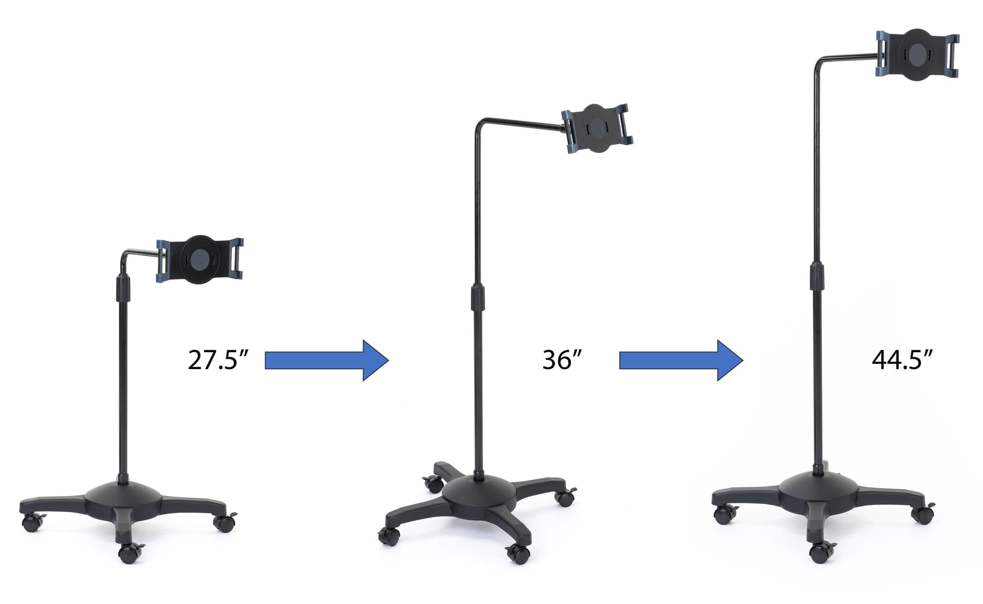 L-arm adjustable tablet holder with wheels and height adjustable settings