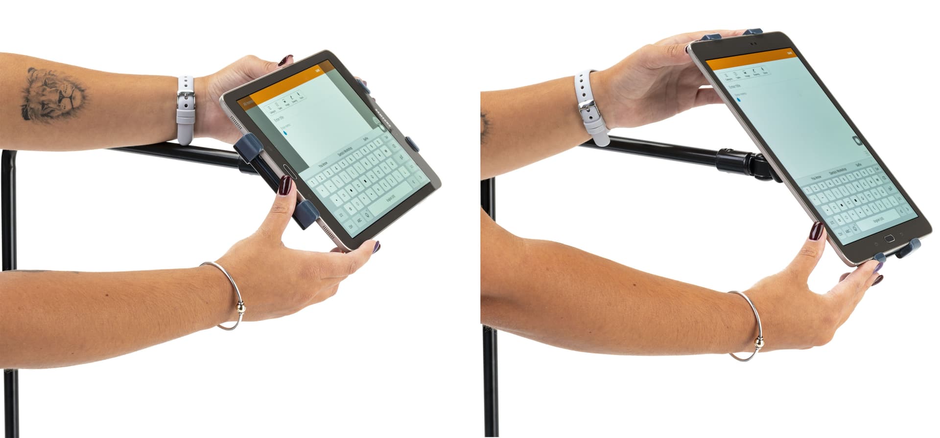 L-arm adjustable tablet holder with wheels and horizonal to vertical display 