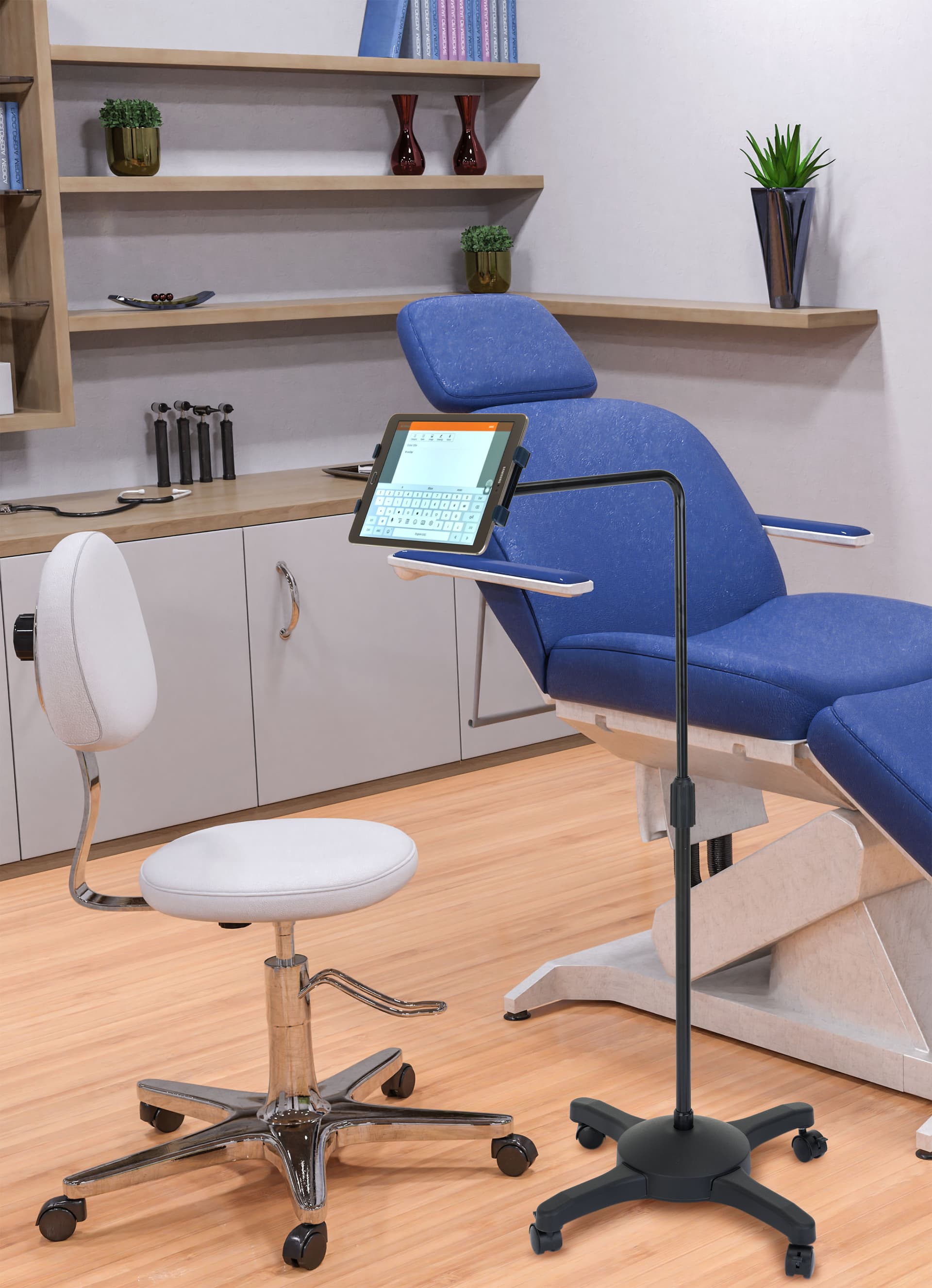 L-arm adjustable tablet holder with portable functionality 
