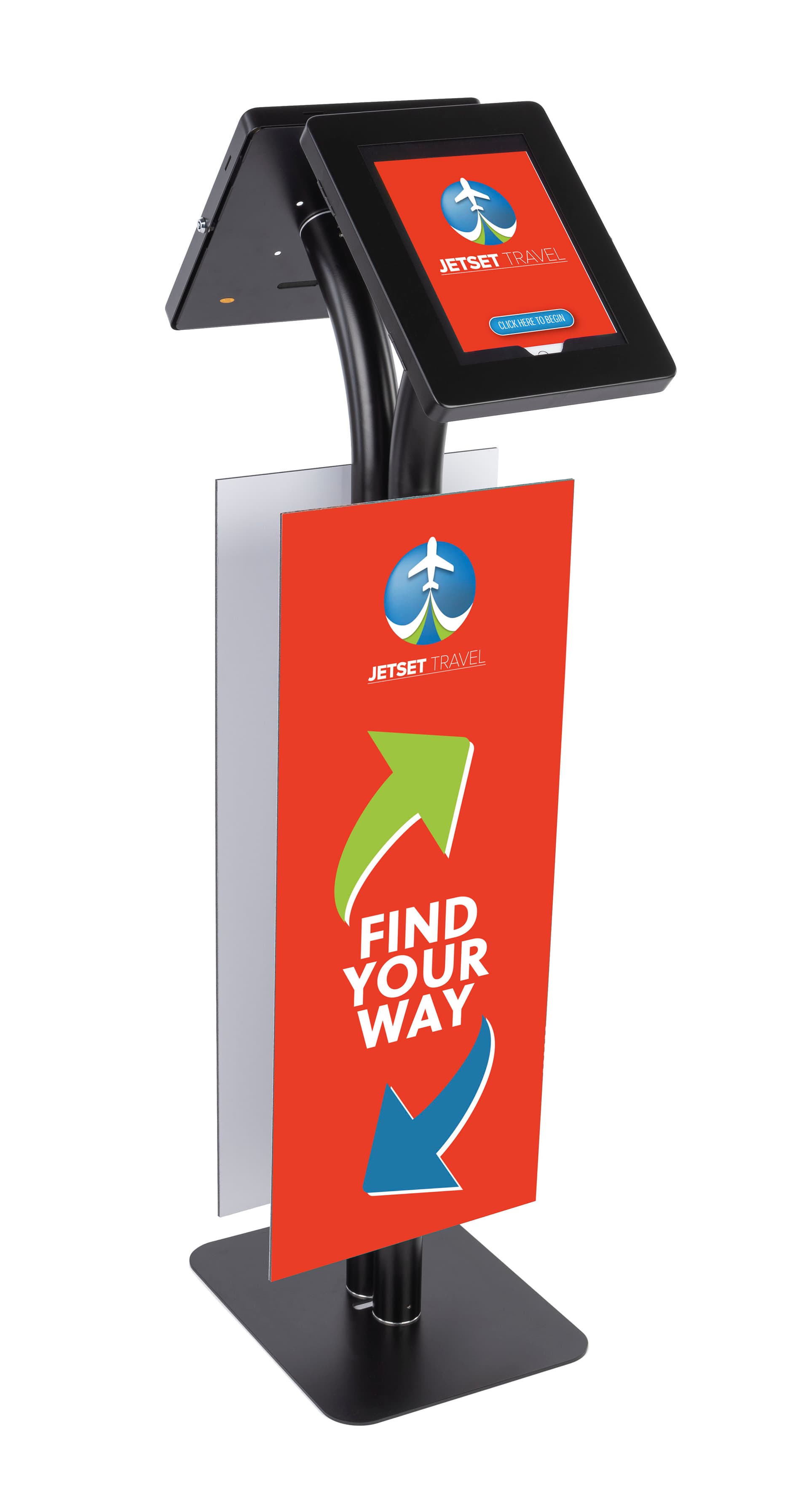 Custom dual-sided tablet holder replacement graphics for IPEVRFL2 series on aluminum and steel stand