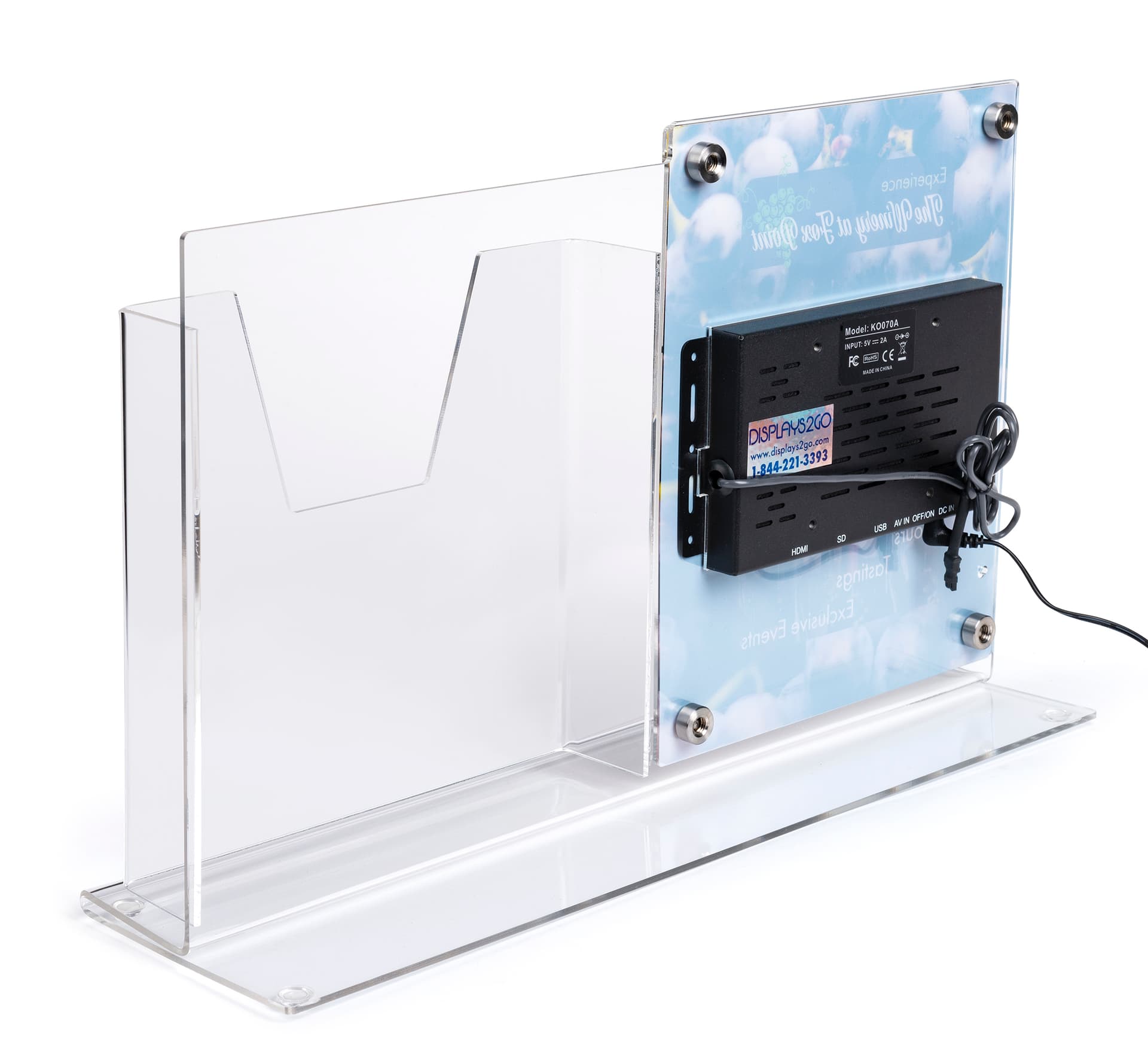 Countertop digital sign display with magazine holder in clear acrylic with steel hardware