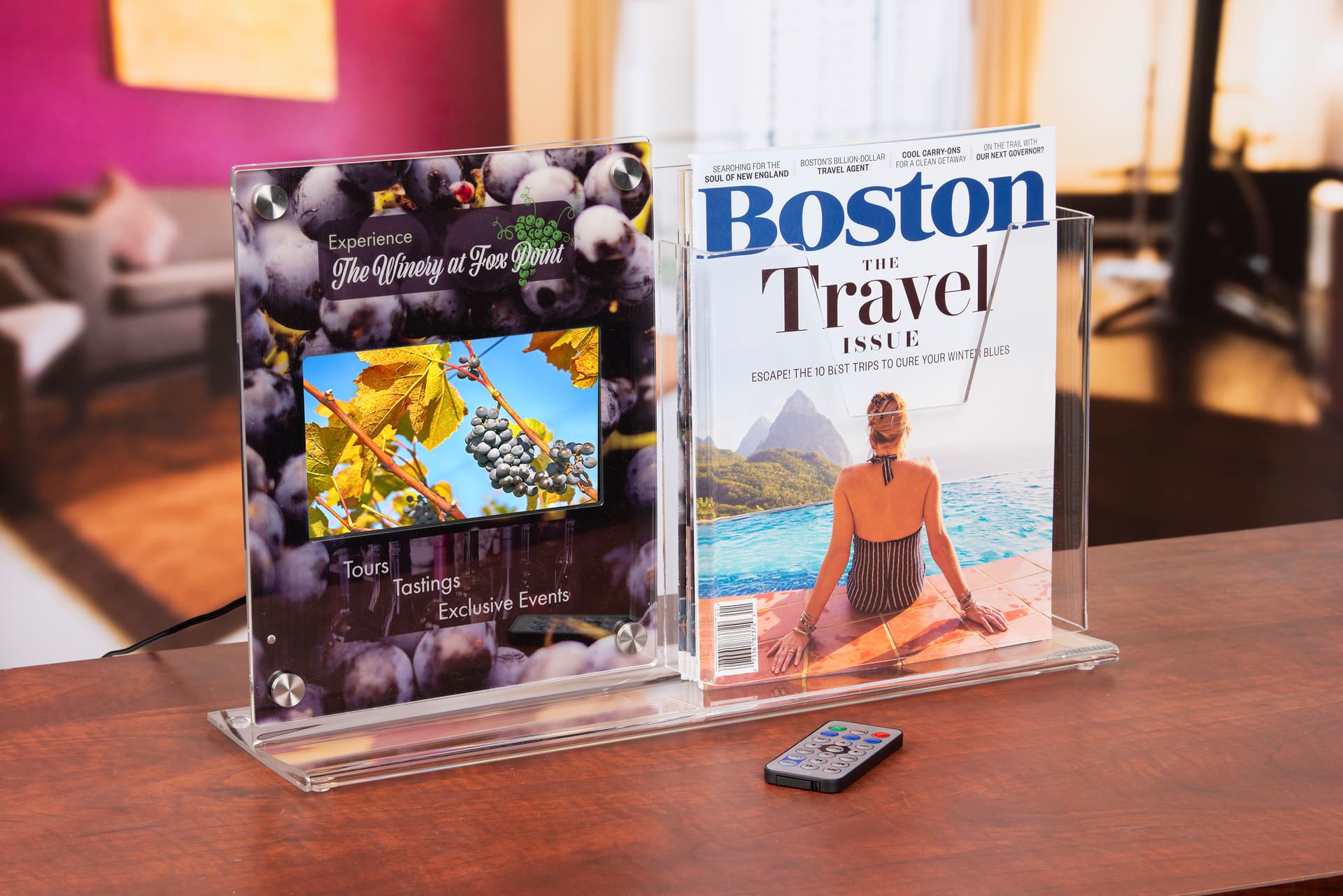 Countertop digital sign display with magazine holder for reception desks and info trade shows