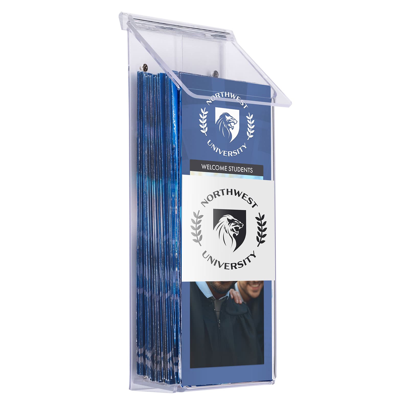 Branded outdoor brochure holder with custom-printed graphic on front