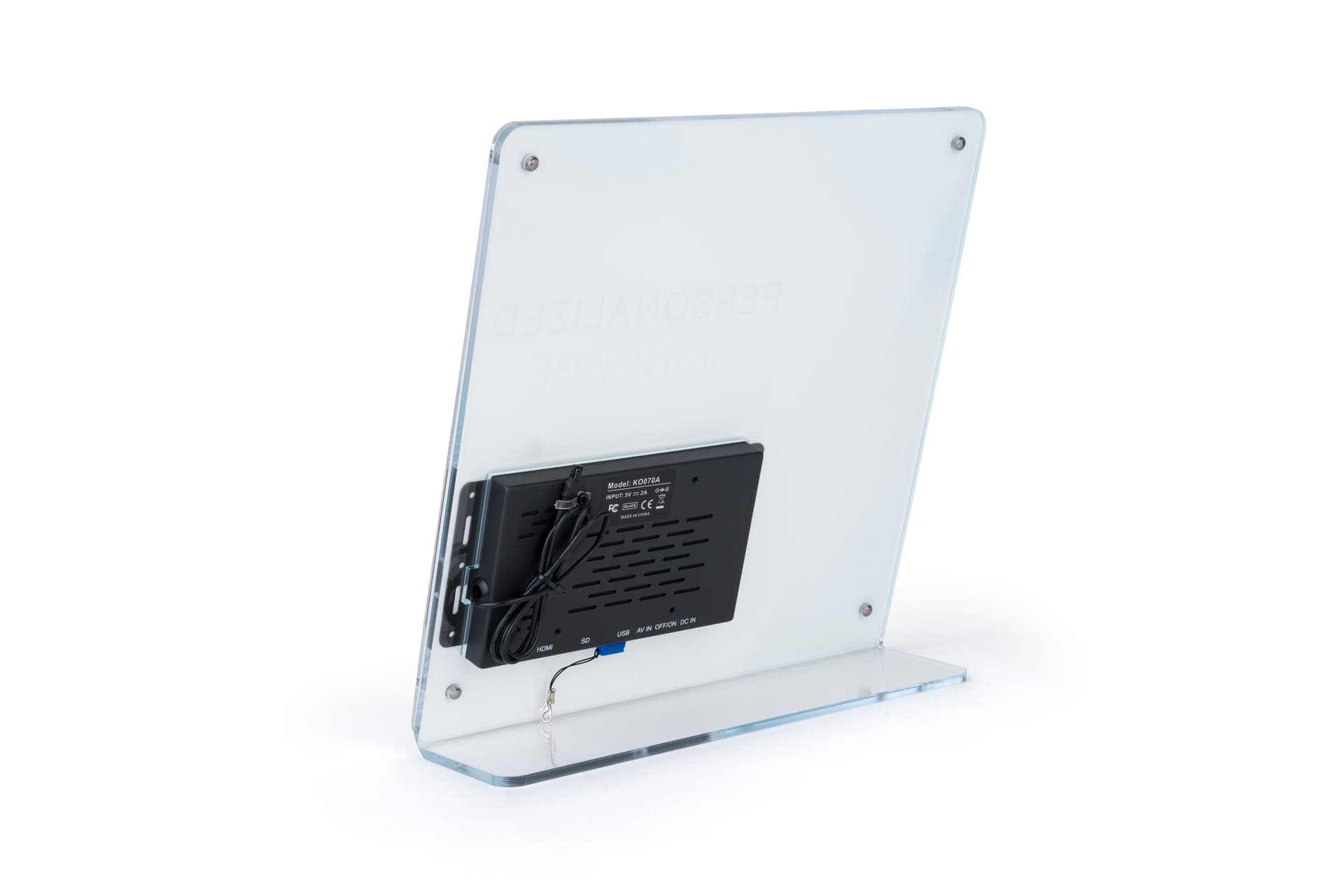 Countertop brochure holder with video screen affixed into acrylic body