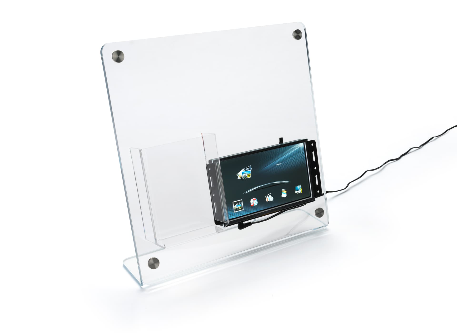Clear acrylic countertop brochure holder with video screen