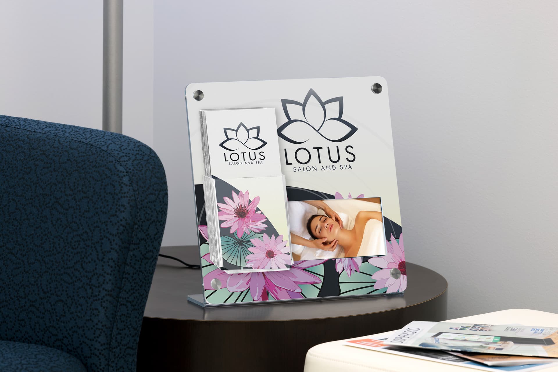 Countertop brochure holder with video screen in high-visibility area