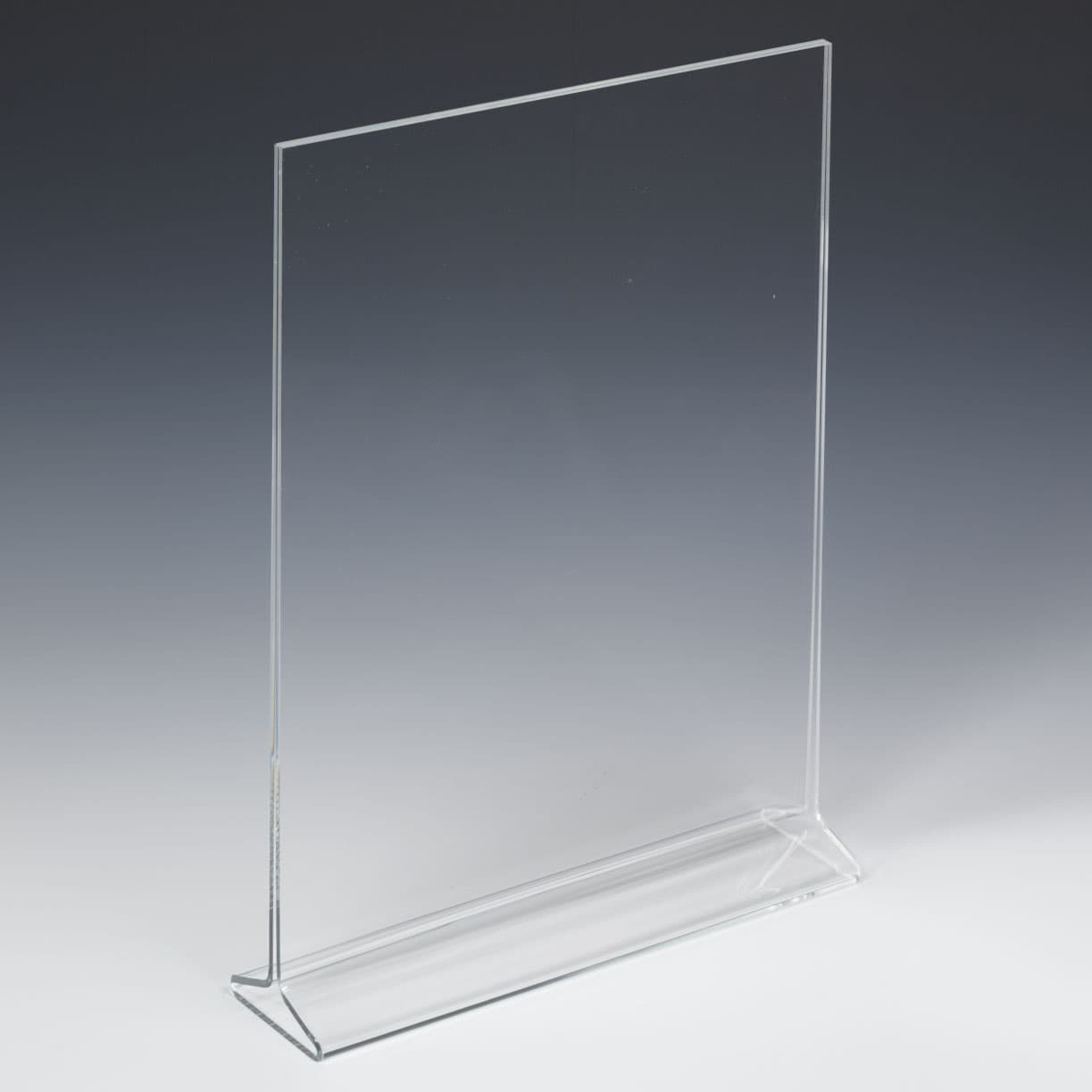 Recycled acrylic tabletop sign holders with convenient top loading for swift graphic changes