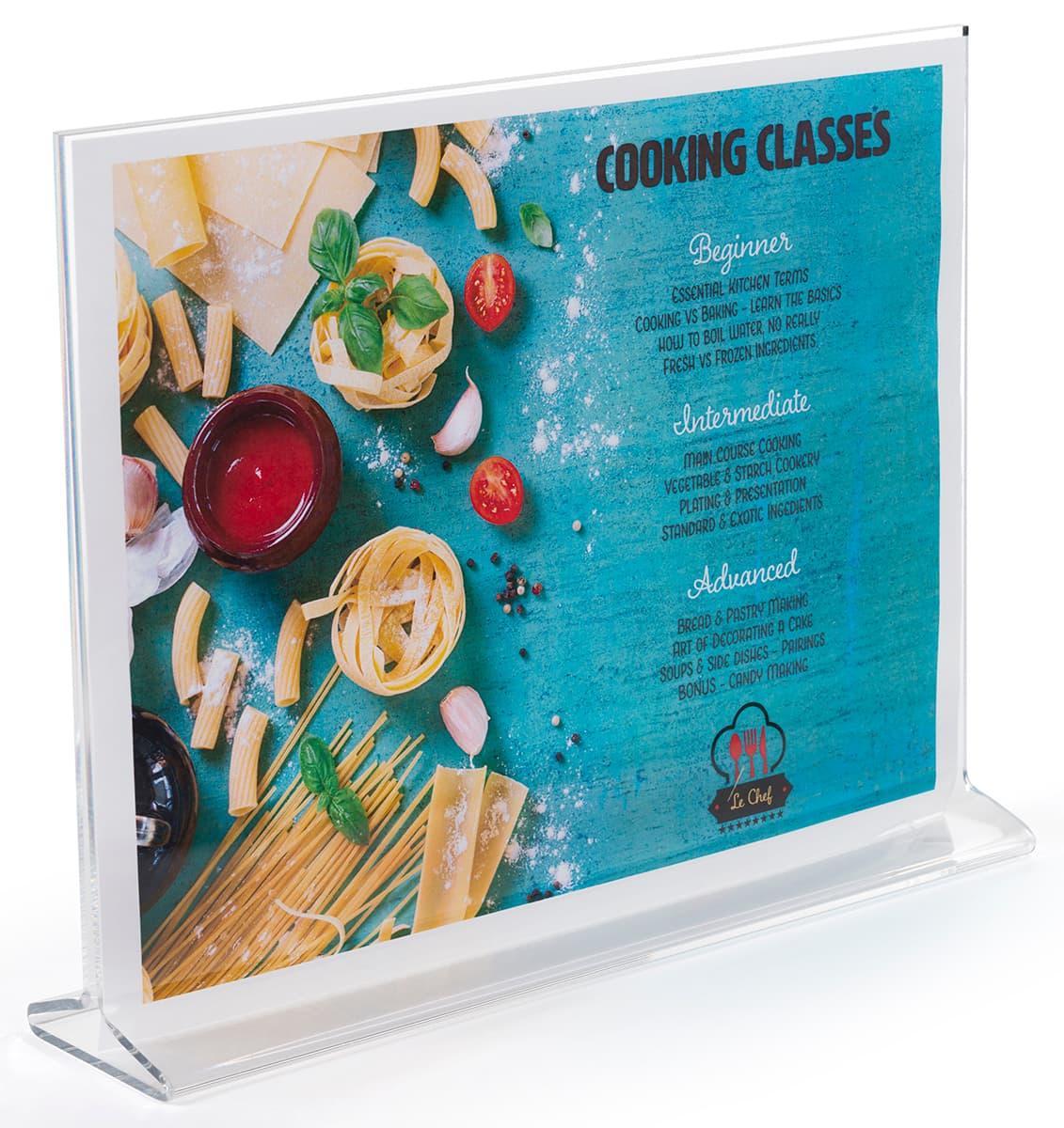 Recycled acrylic tabletop sign holders with top graphics loading