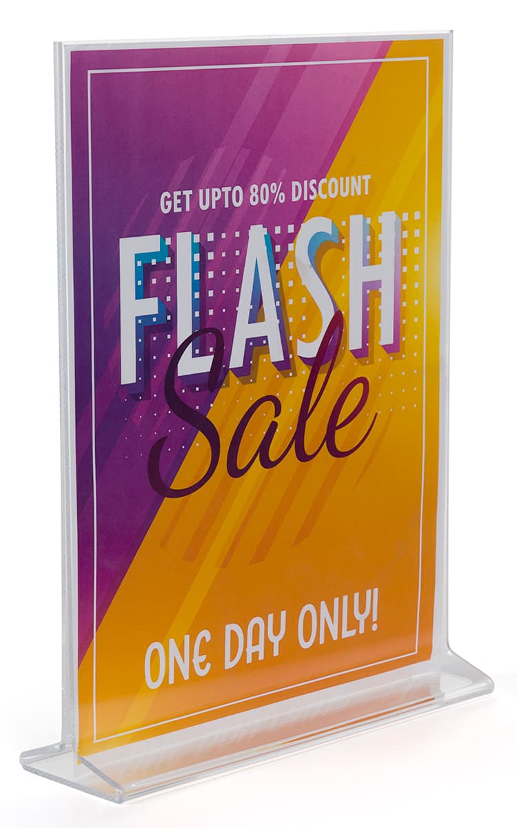 Recycled acrylic tabletop sign holders with clear plastic material