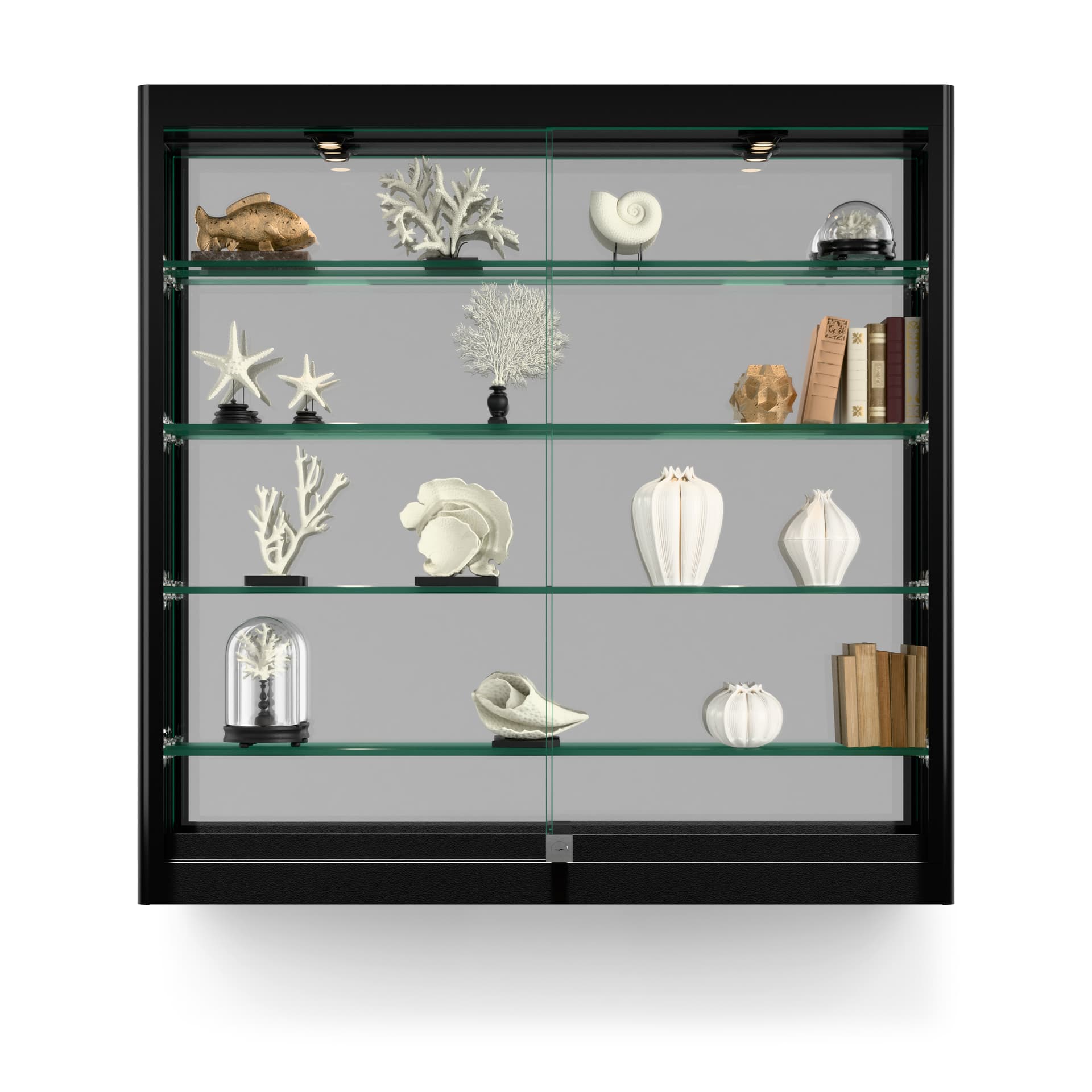 LED wall showcase with glass shelves