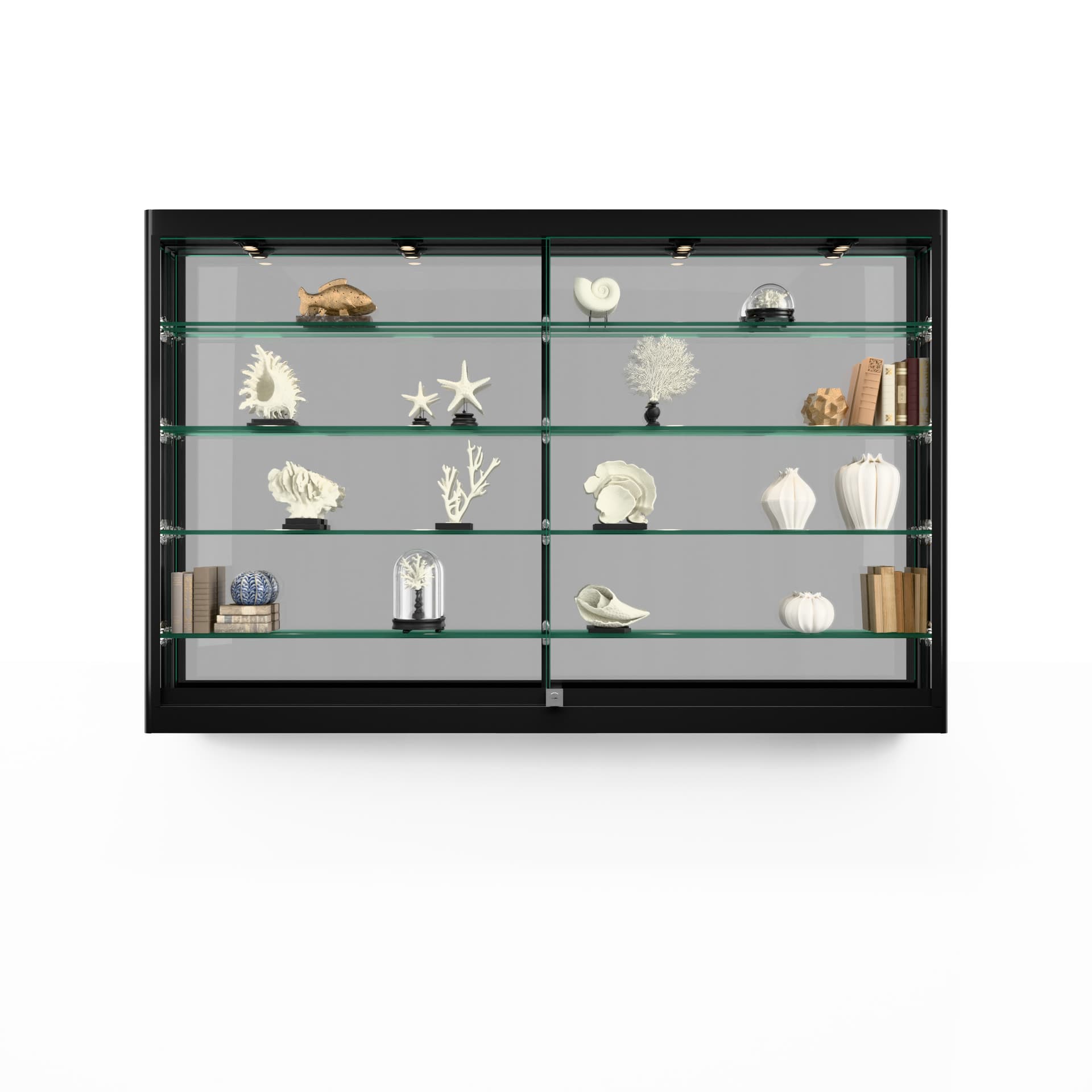 LED wall showcase cabinet with glass shelves