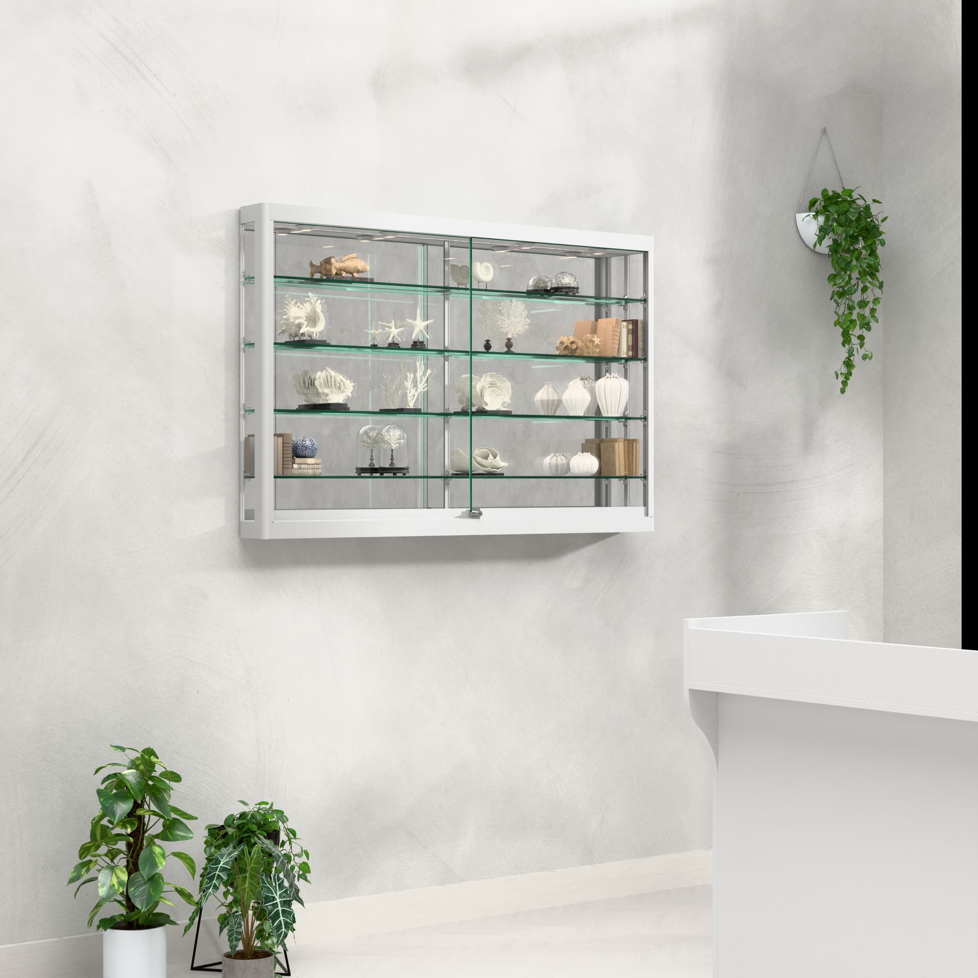 Wall mounted display cabinet with led lights hanging on reception wall