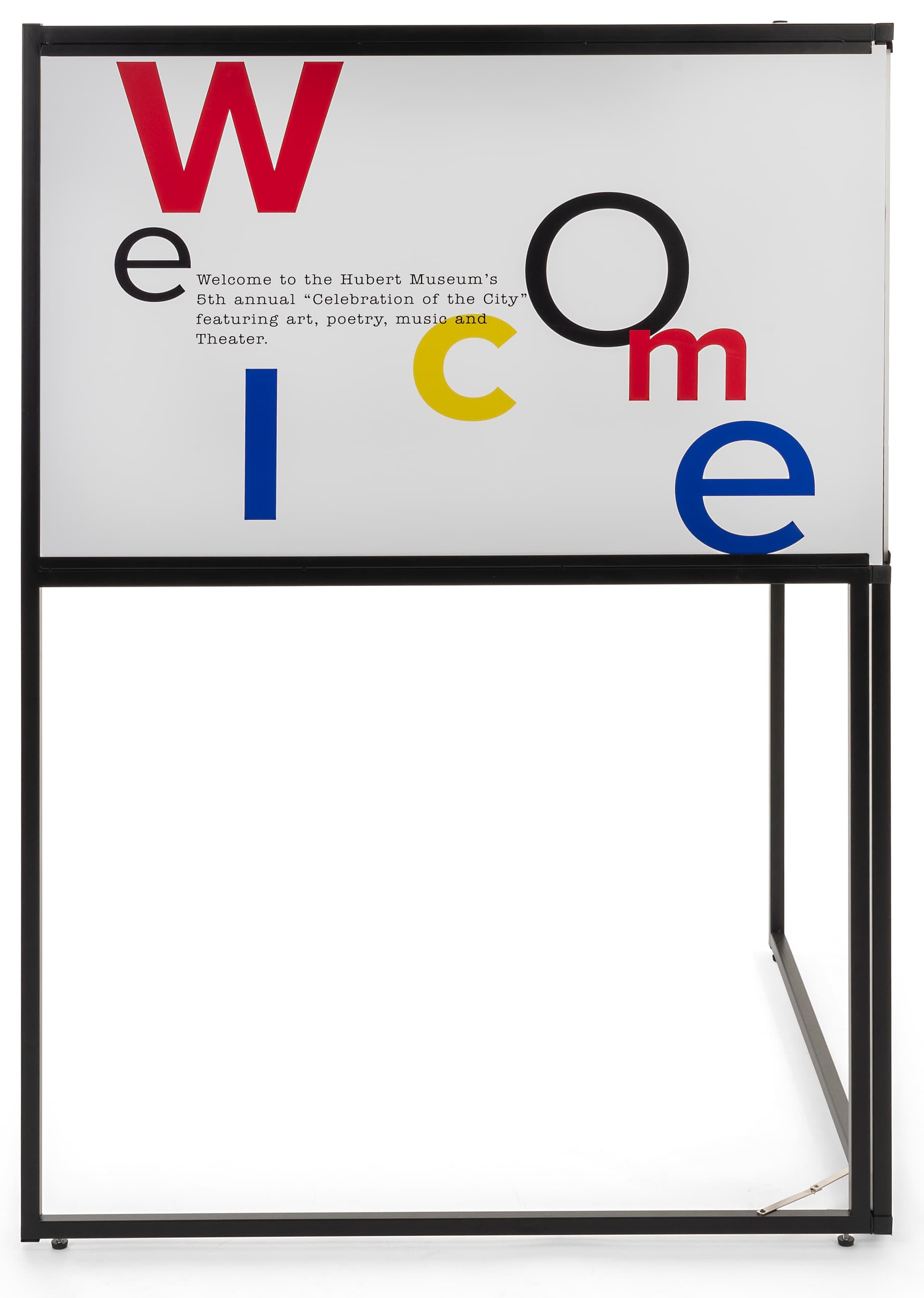 Free standing corner sign frame includes two personalized panes with landscape orientation