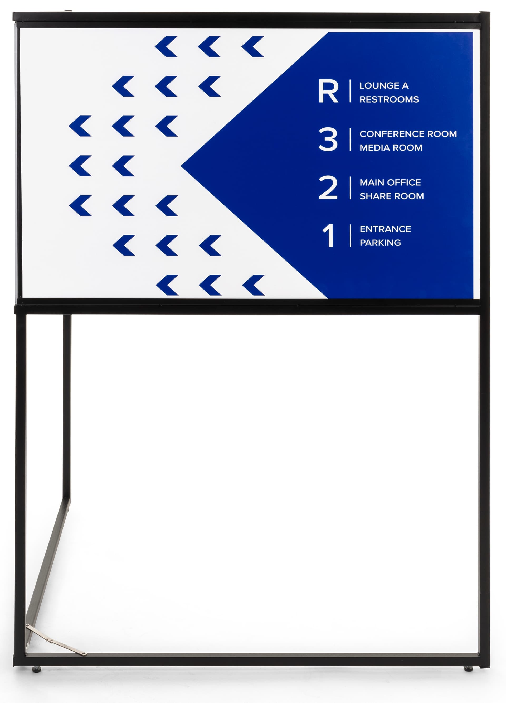 Free standing corner sign frame includes 2 custom printed graphics with foam core board construction