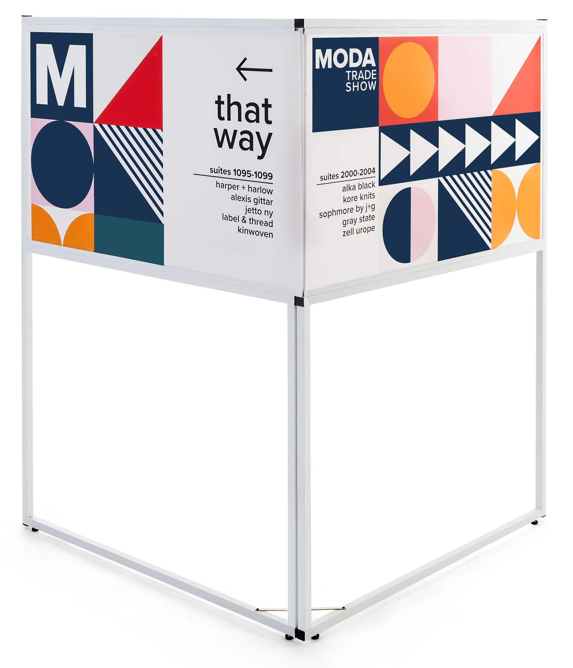Multi Direction corner signage includes two 36 x 24 foam core board panels