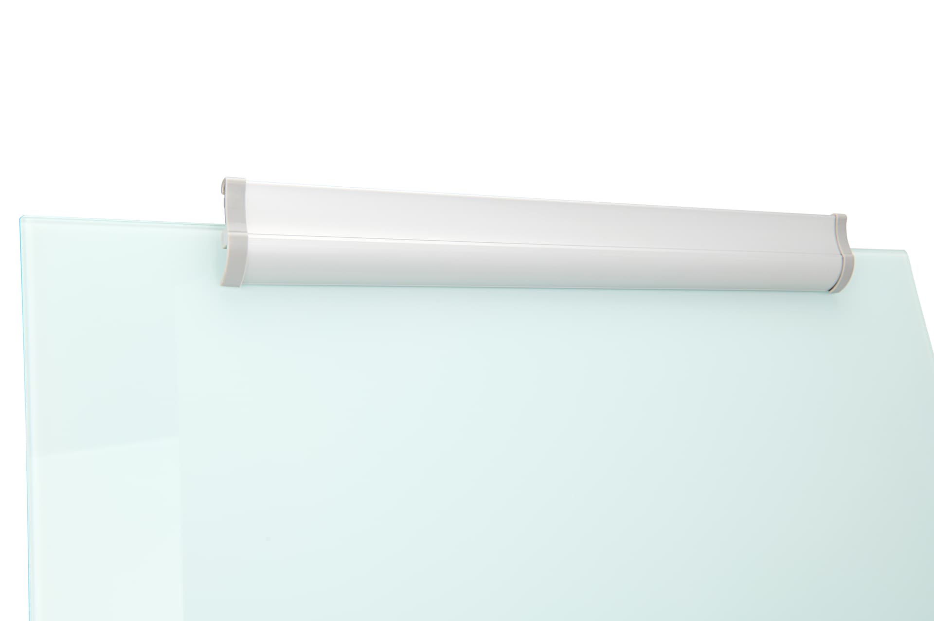Mobile glass whiteboard with clamp for flipcharts