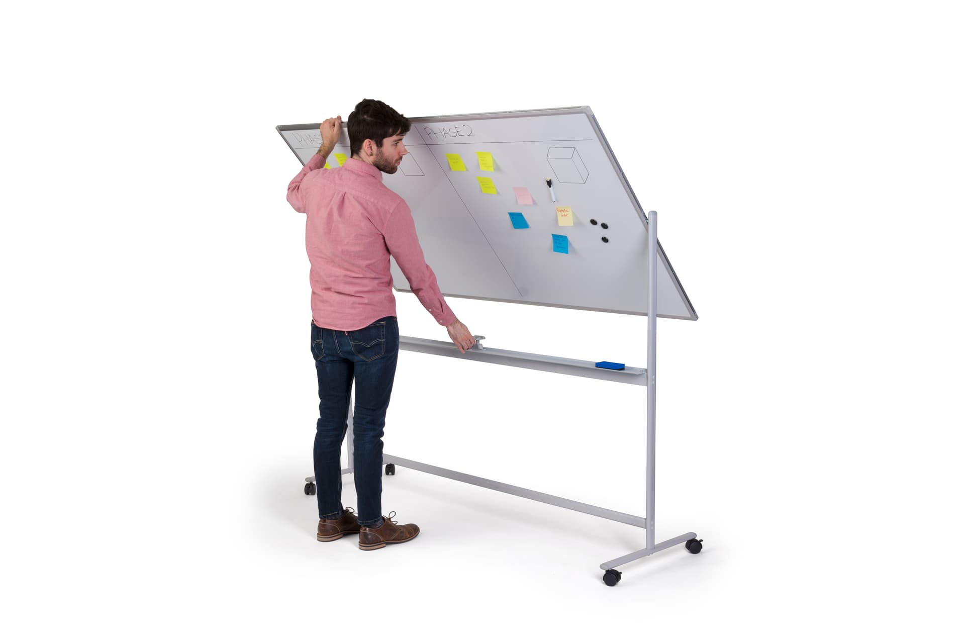 Dual-sided whiteboard with wheels