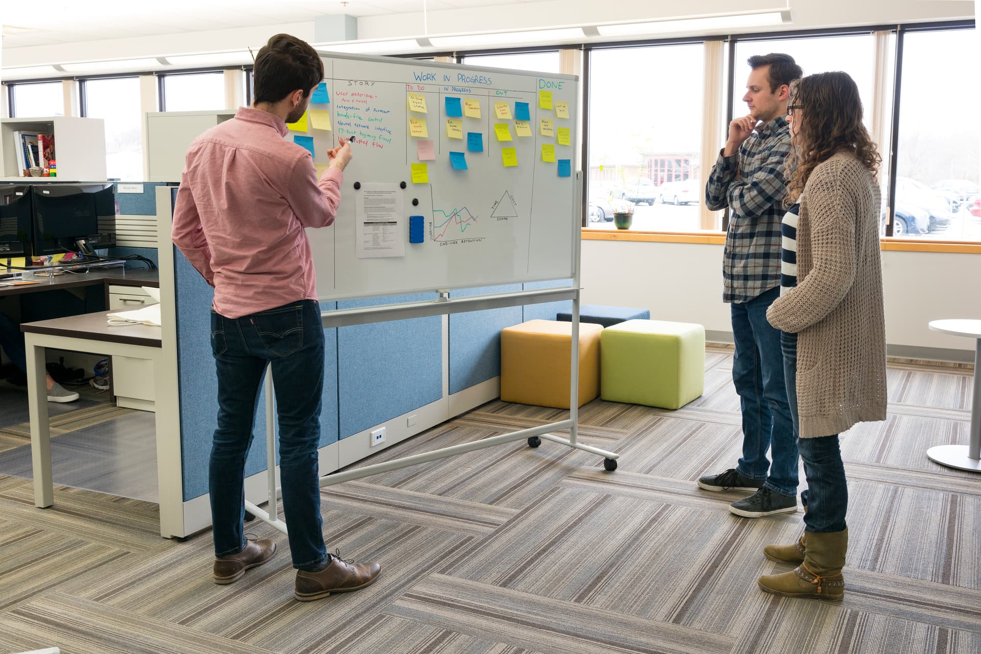Whiteboard with wheels for stand-up meeting