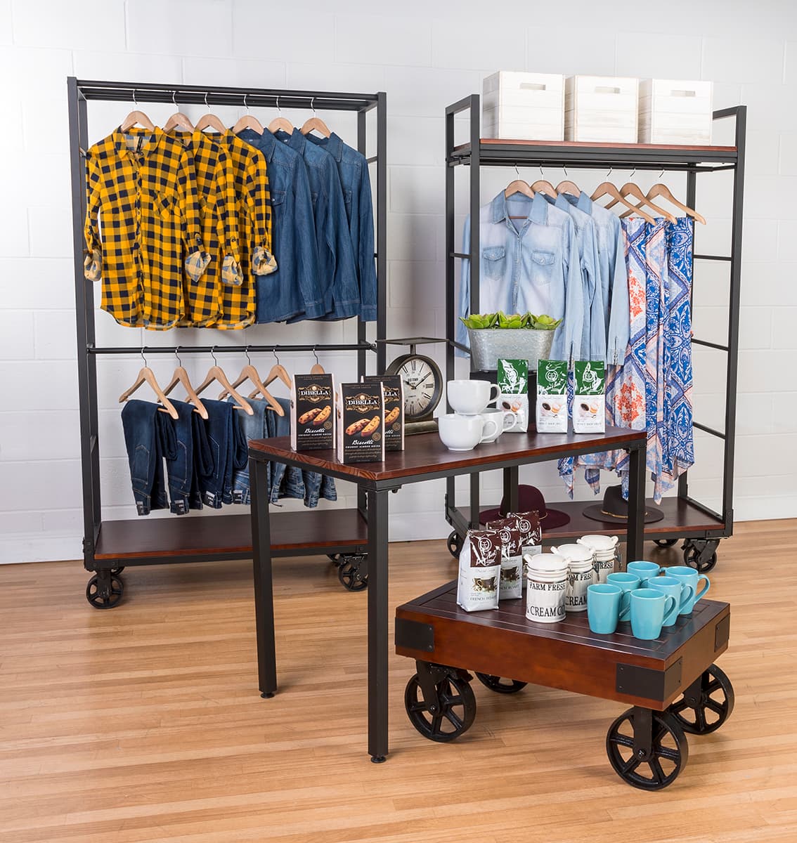 Urban mobile industrial retail dual shelf armoire rack