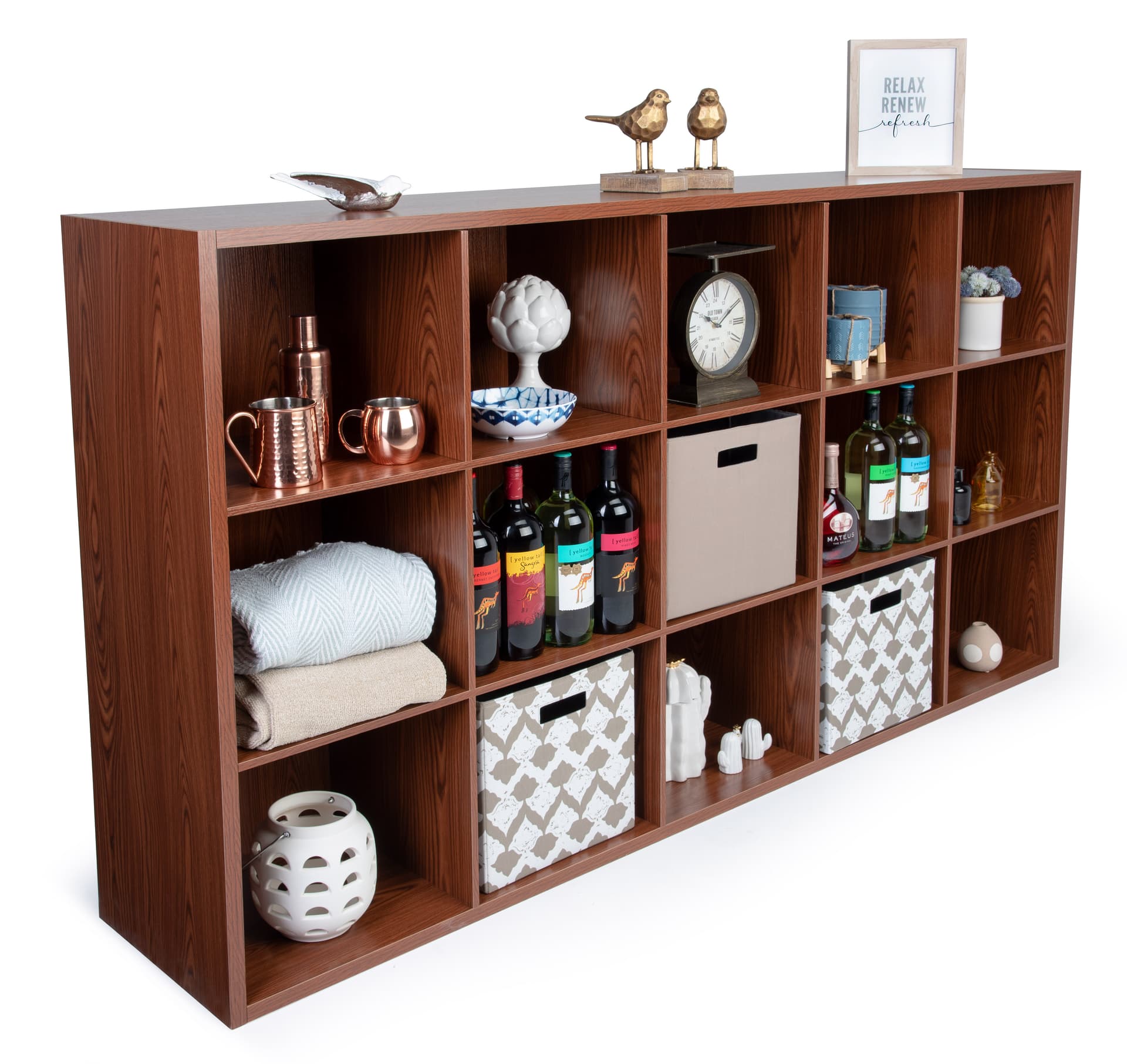 Wood cube commercial display organizer shelving with 15 cubbies