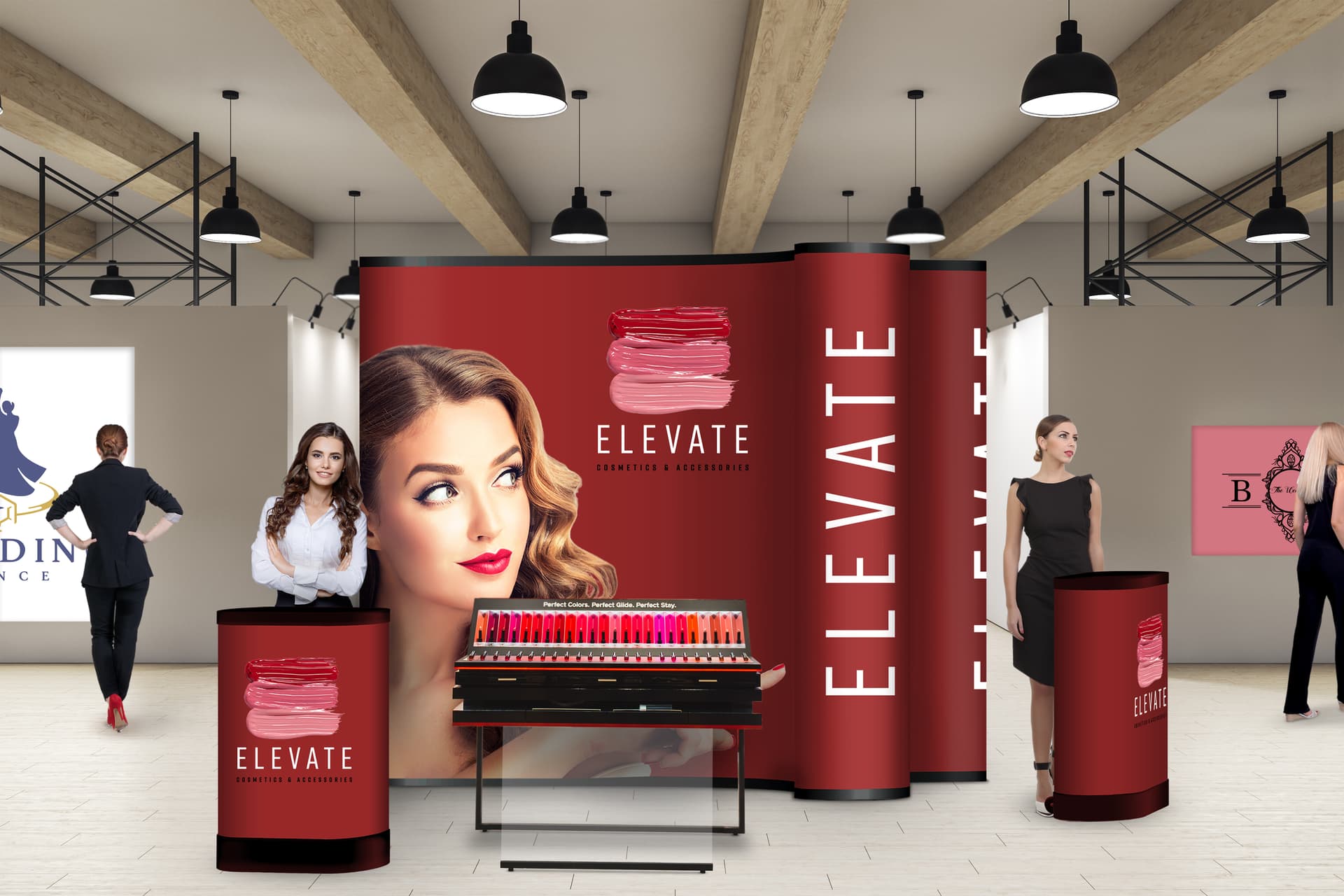 3-sided island booth display with travel counters and triangle design 