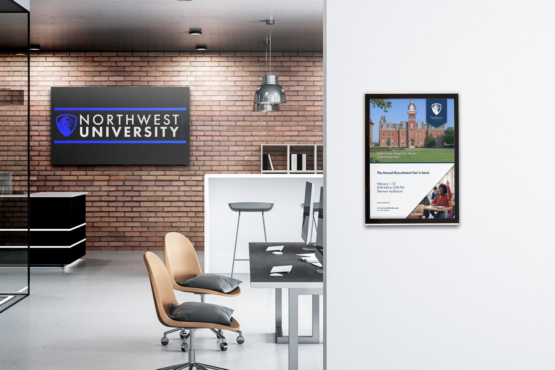 Wall mounted wall sign with college open house advertisement