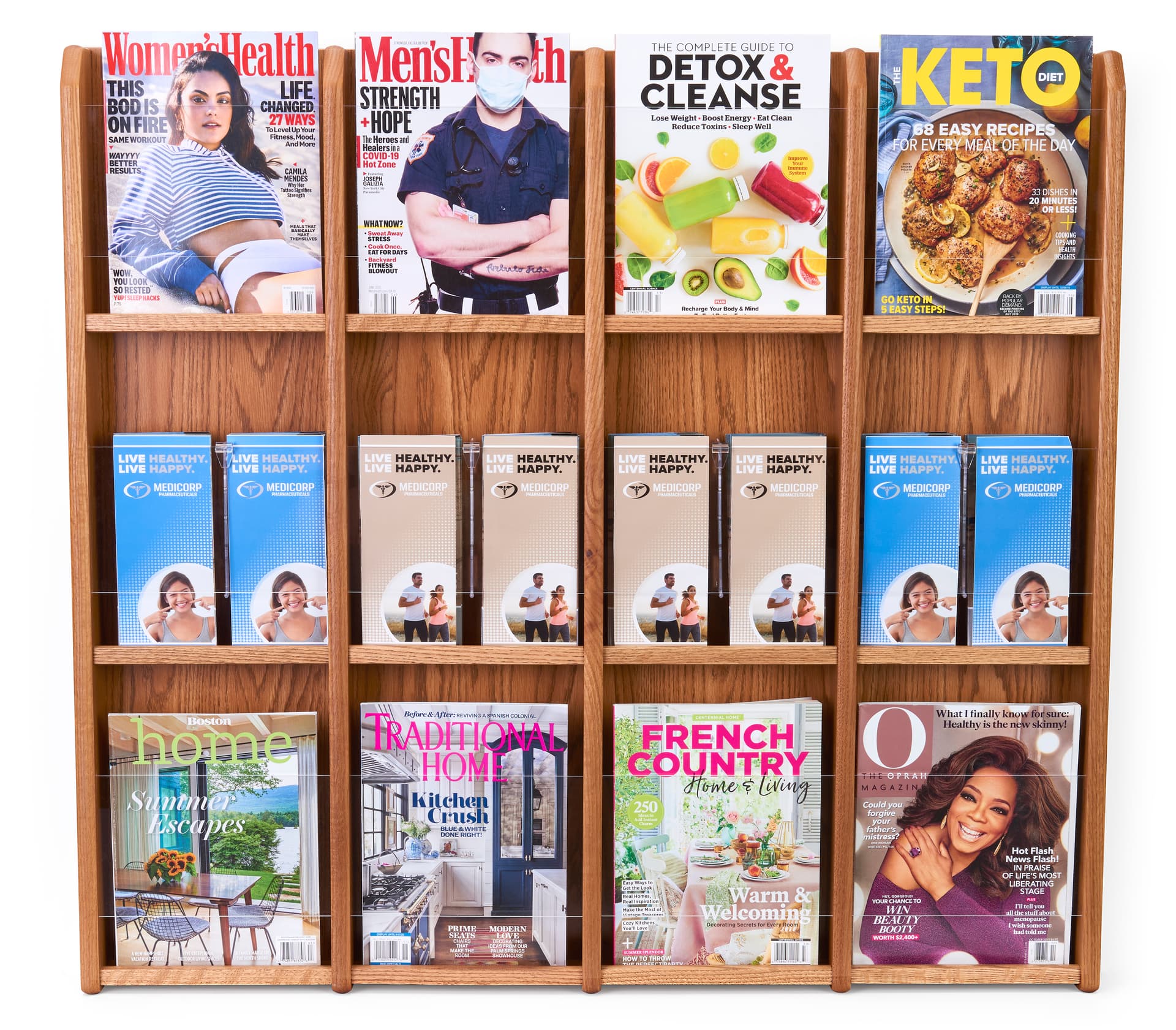 Wall mount brochure and magazine display rack with medium oak stain 