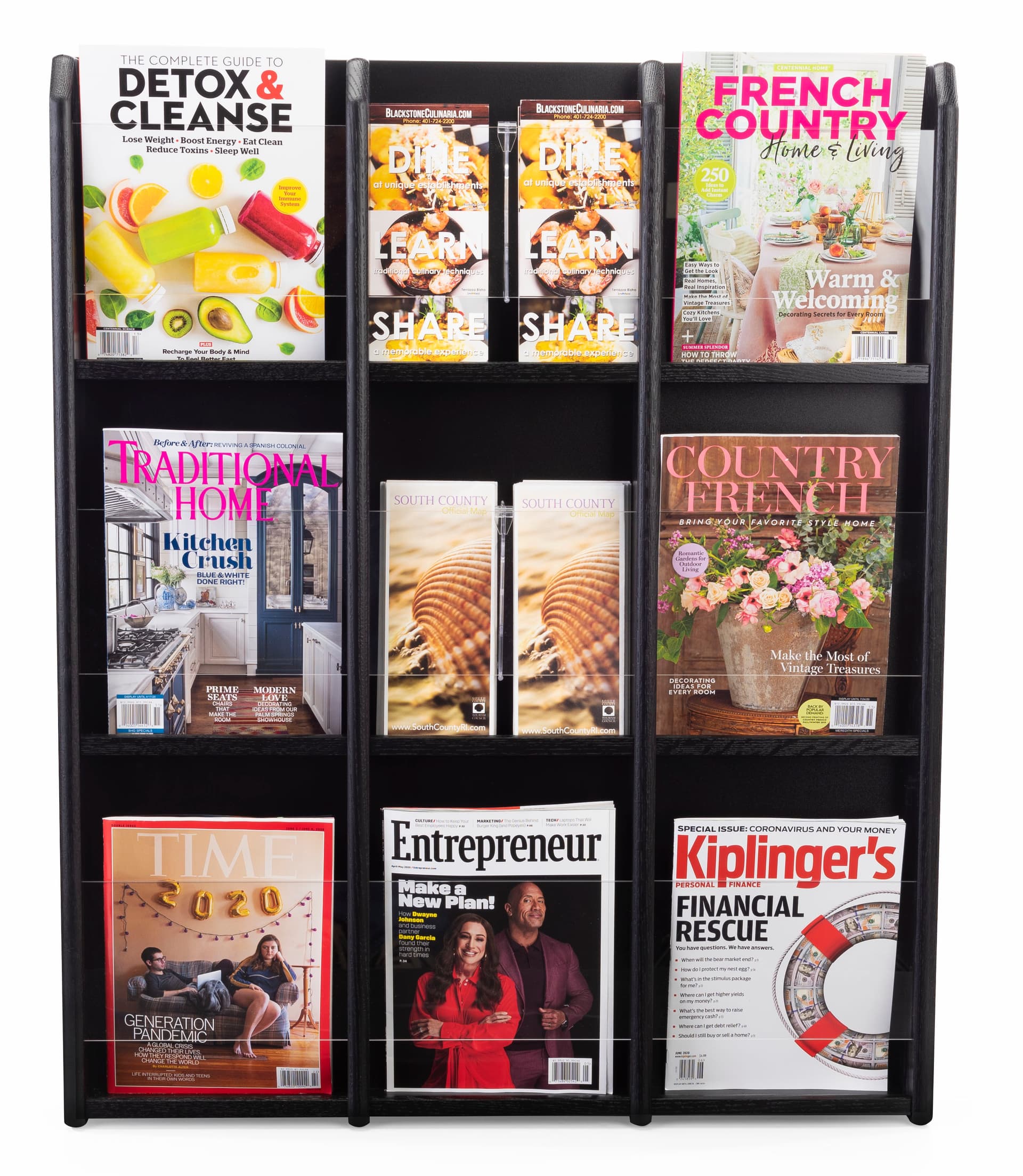 30.0 inch x 36.8 inch black finish magazine rack with pre-assembled rack and easy to install dividers 