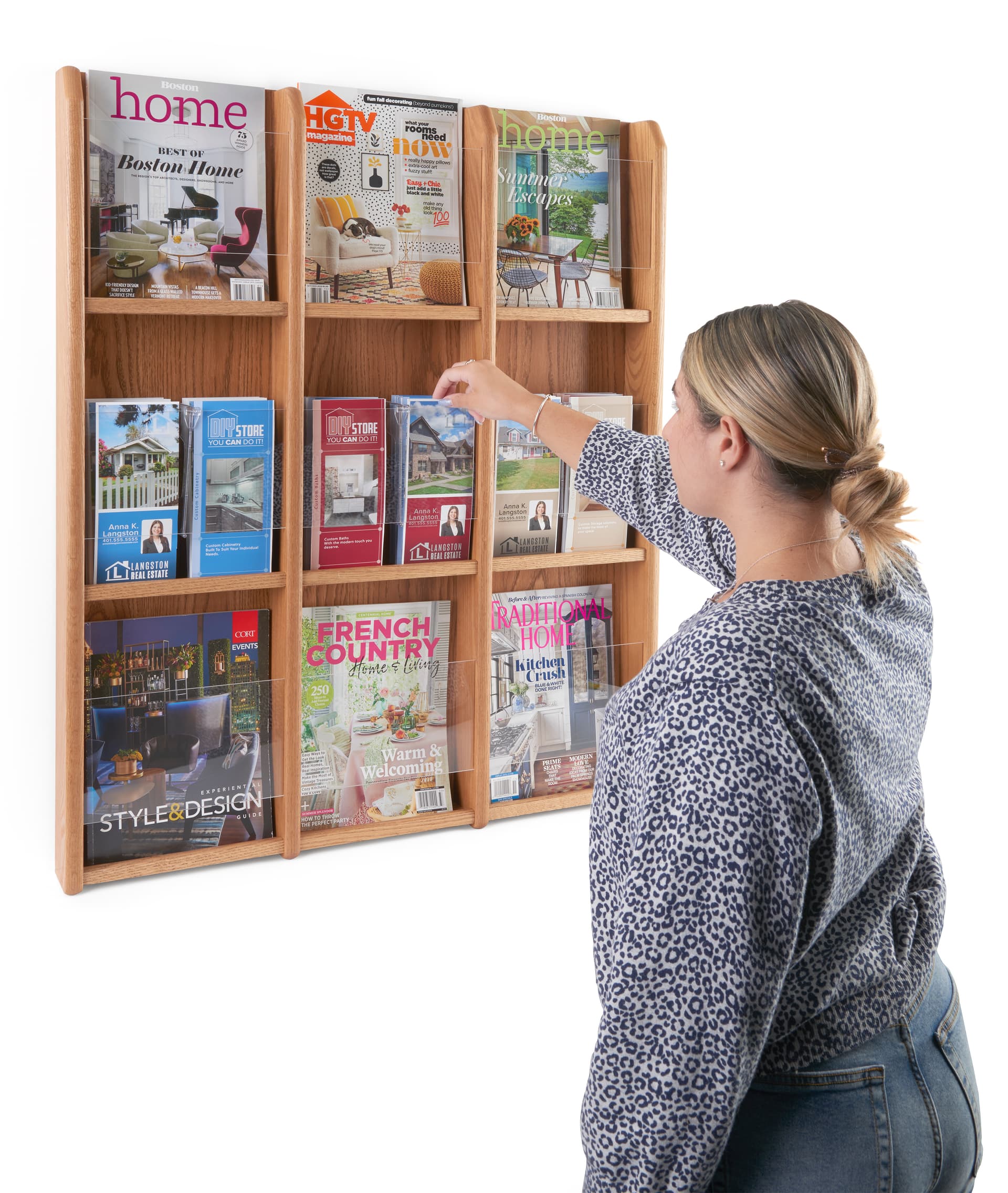 Wall hanging 9 magazine display includes mounting hardware 