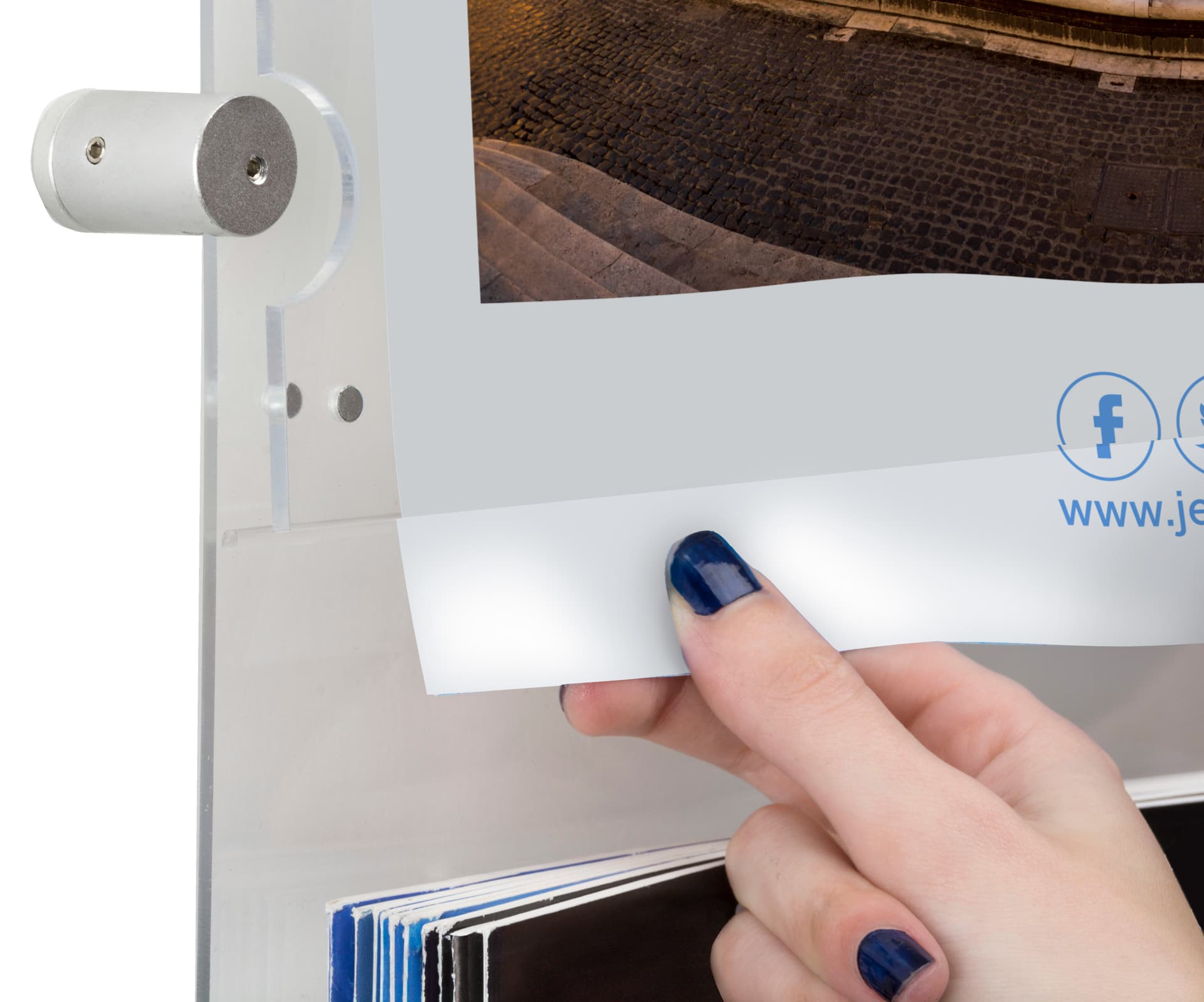 Recycled acrylic poster display with  button magnets to hold posters securely in place
