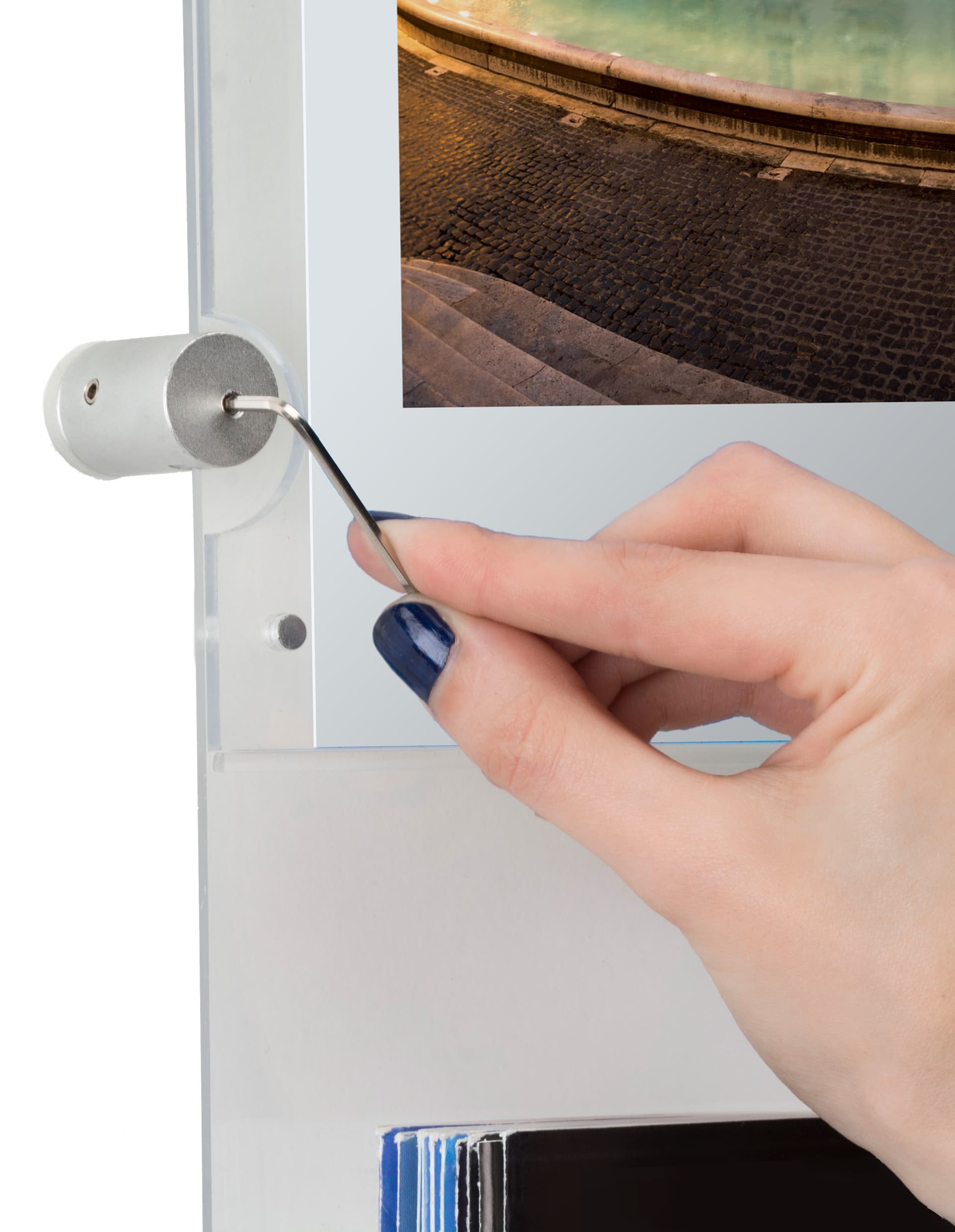 Recycled acrylic poster display with hex key to secure edge grip standoffs to acrylic