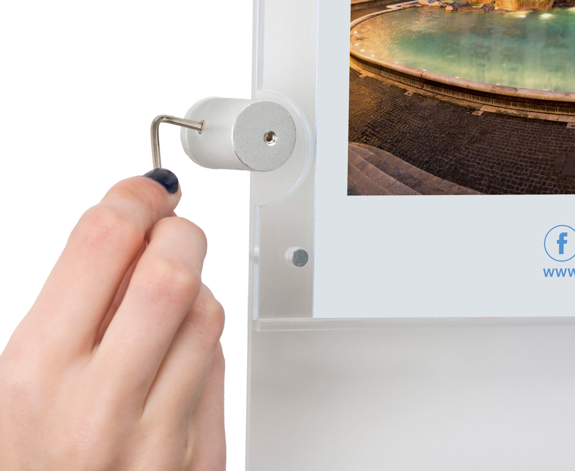 Recycled acrylic poster display includes necessary installation hardware