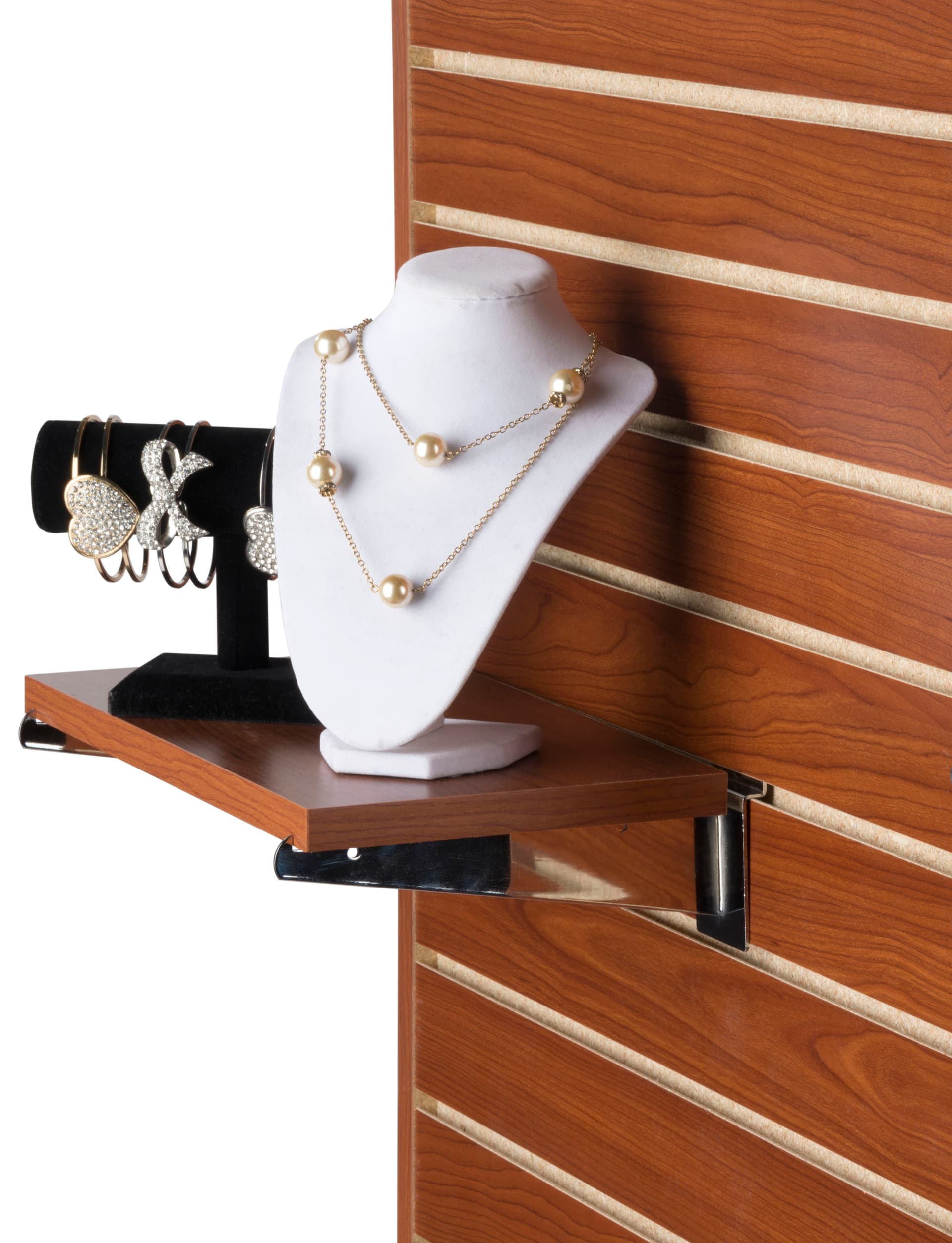 14" Cherry Slatwall Shelf with Merchandise