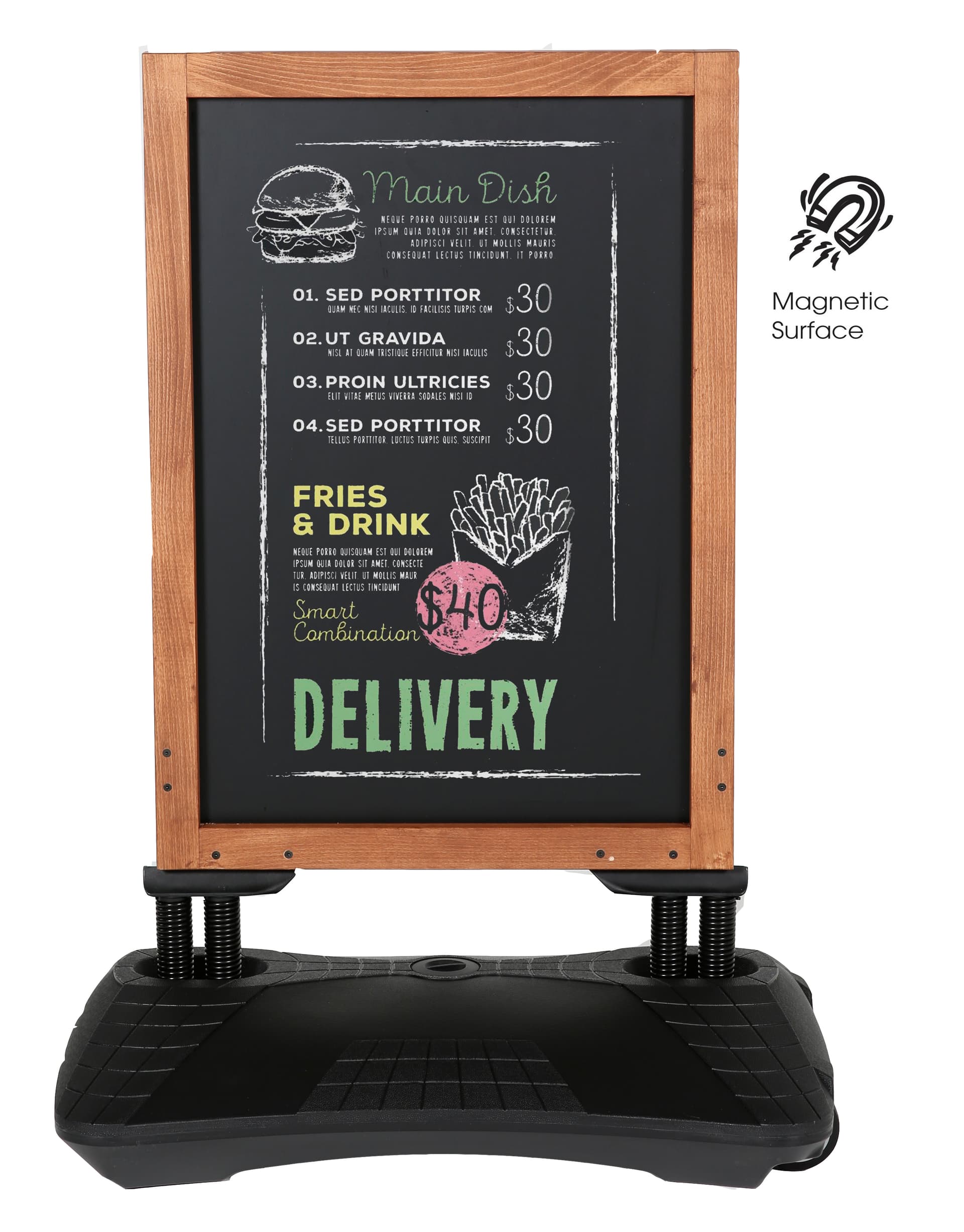 Magnetic chalkboard sign with 24 inch wide by 30 inch tall board size