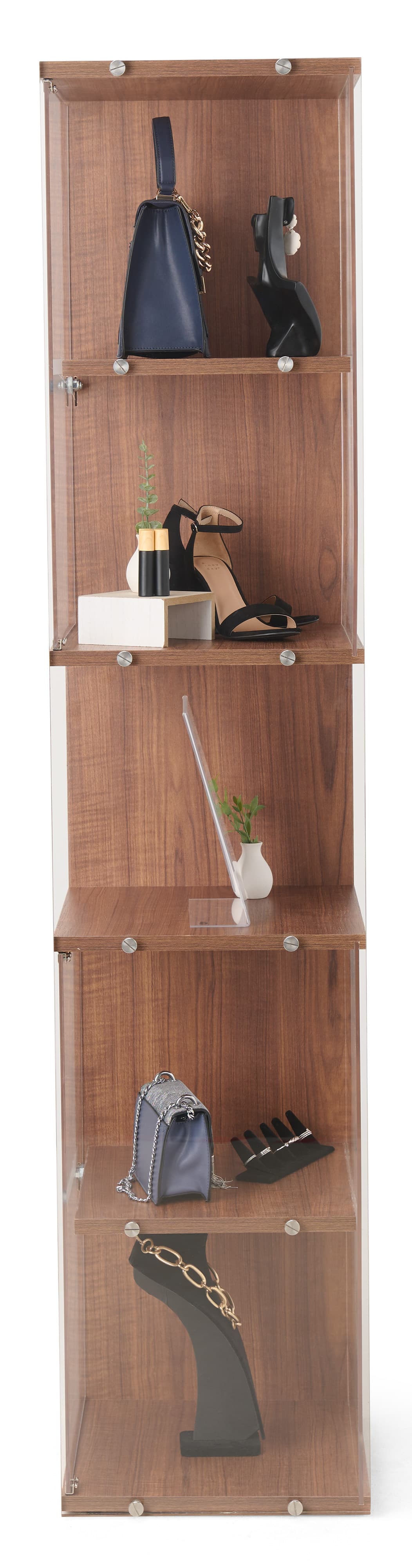 Narrow display case with stainless steel slotted screws 