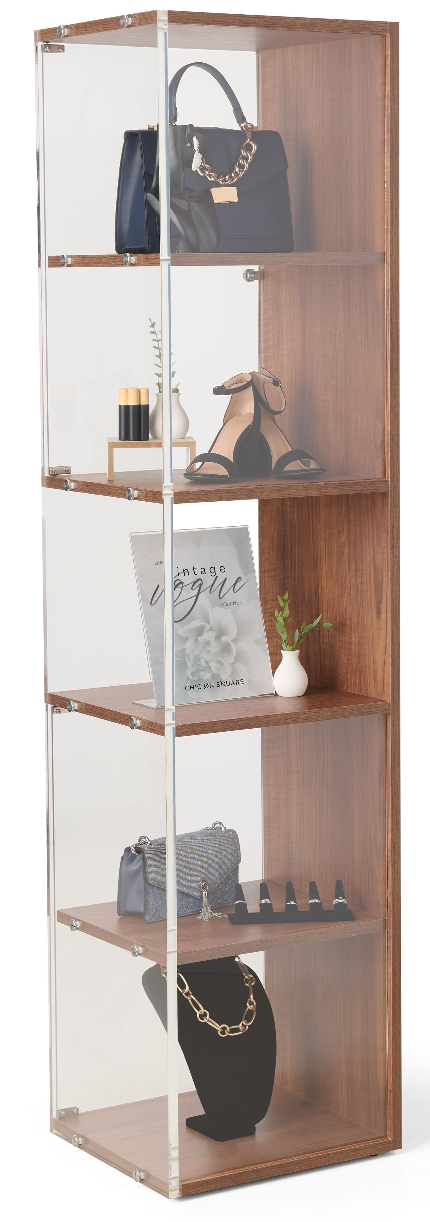 Narrow display case with recycled acrylic material 