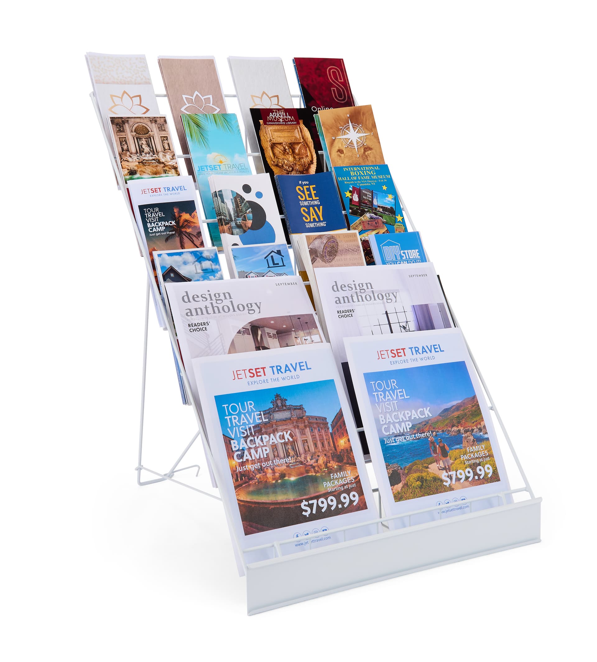This white magazine rack has 6 rows