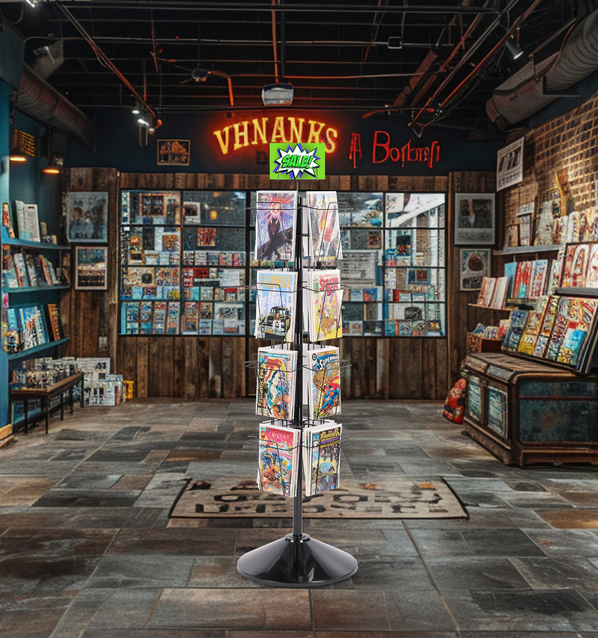 Magazine rack with top sign
