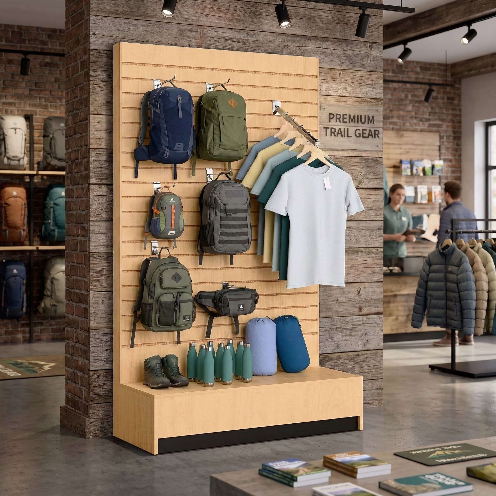 L-shaped slatwall panel display with durable MDF construction 