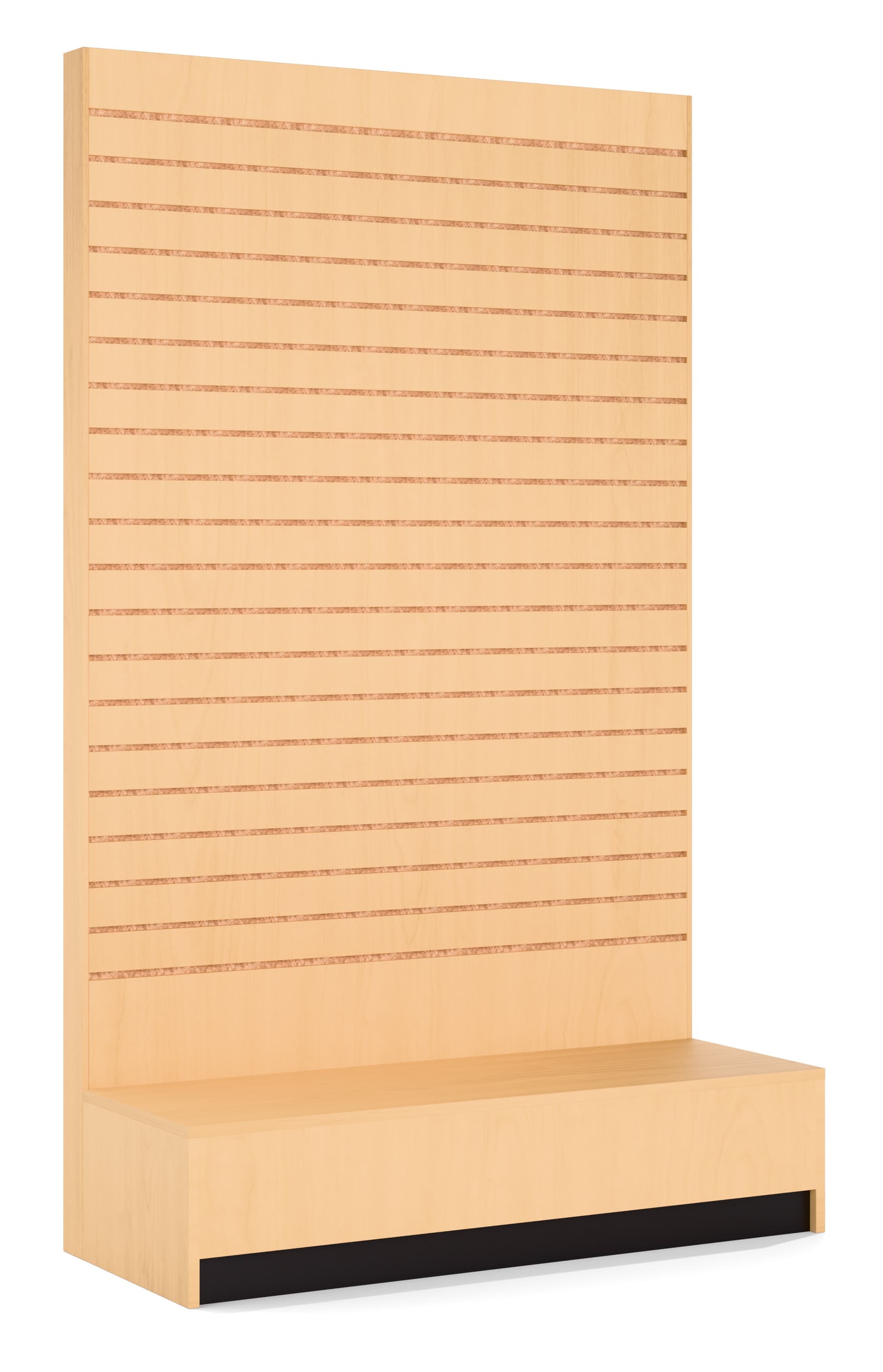 L-shaped slatwall panel display with maple melamine finish